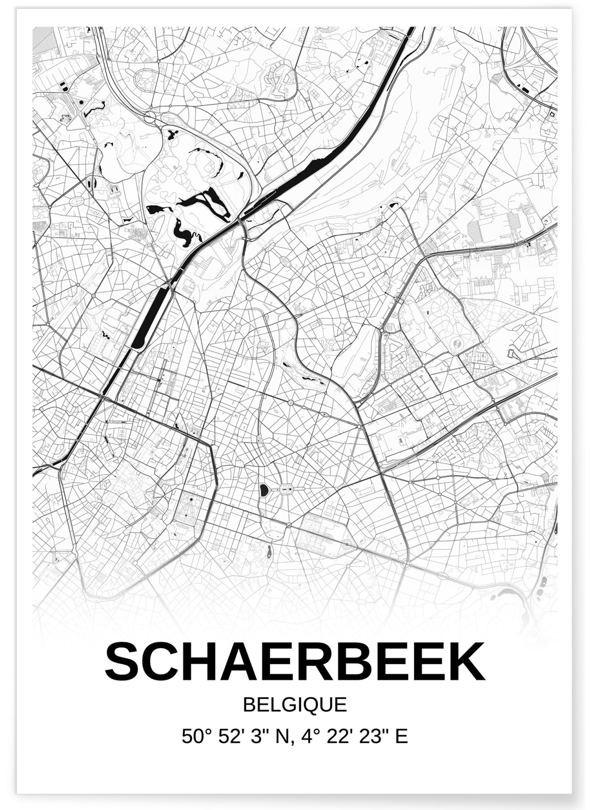 Affiche carte Schaerbeek - rectangle Noir et Blanc, L'AFFICHERIE