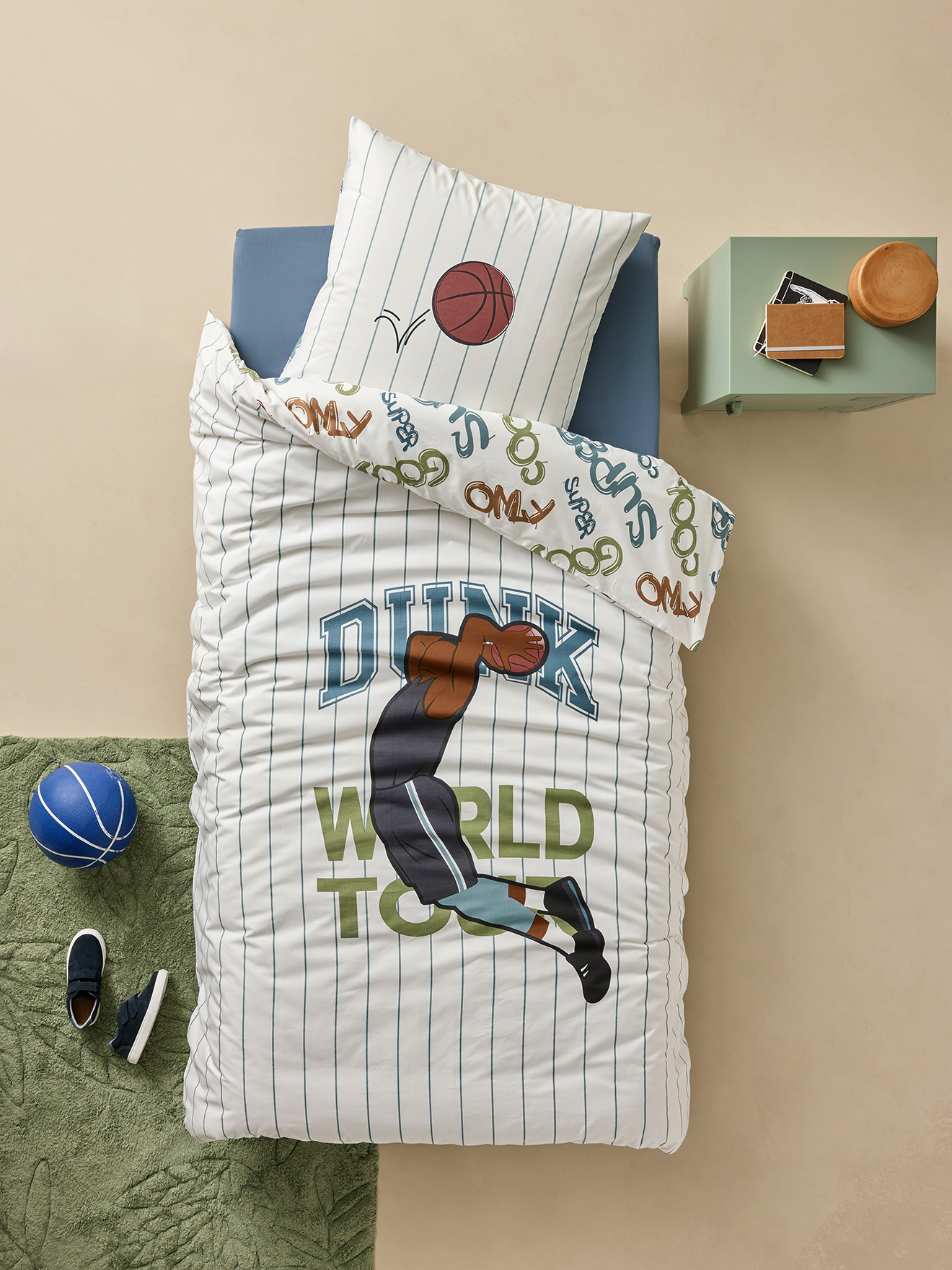 Parure housse de couette et taie d'oreiller BASKET avec coton recyclé, VERTBAUDET