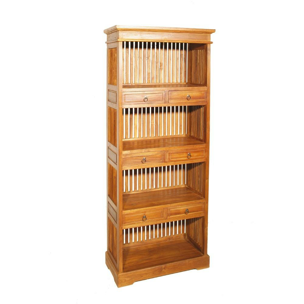 Meuble bibliothèque 4 niveaux 190cm bois teck massif 6 tiroirs BISHO, PIER IMPORT