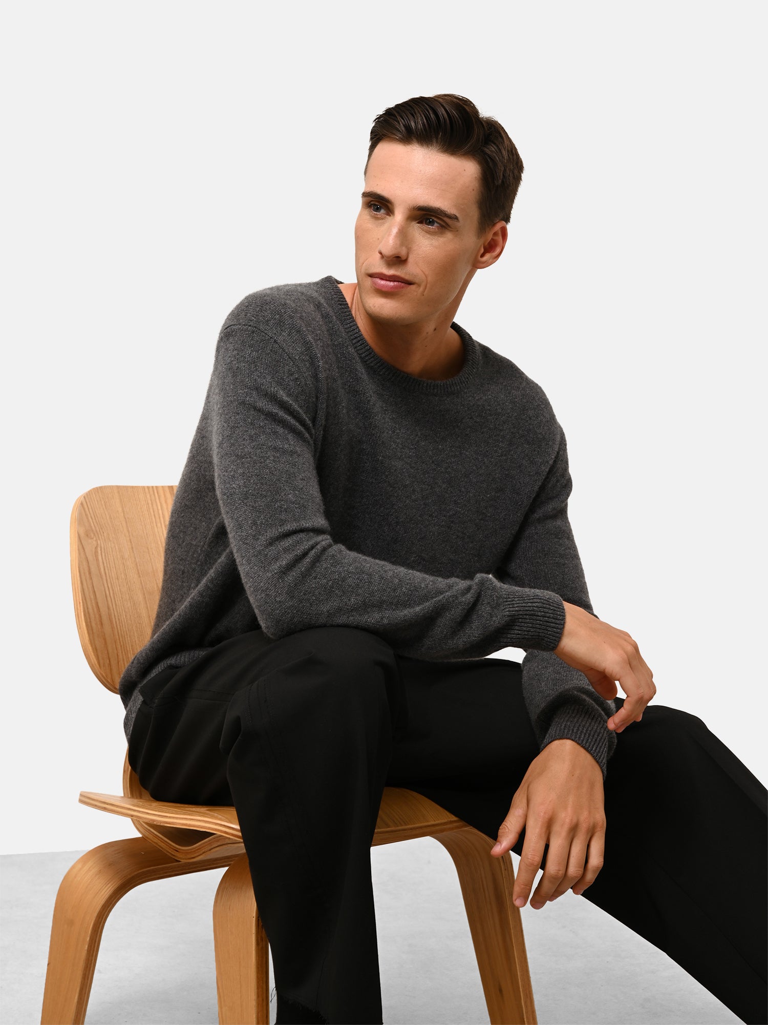 Pull Col Rond 4 Fils Anthracite Chiné Gabin, JUST CASHMERE