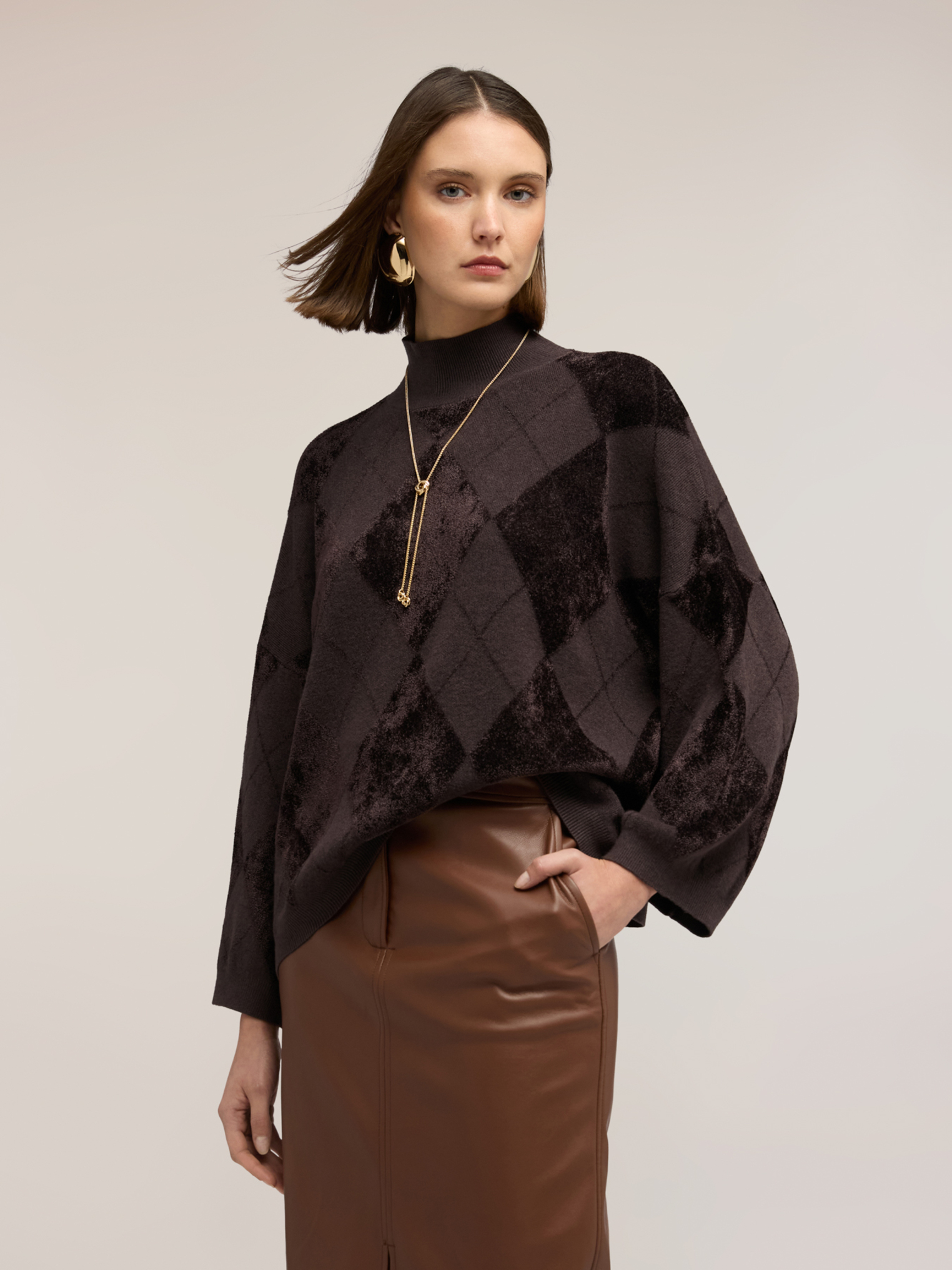 Pull col roulé en chenille fantaisie argyle, MOTIVI