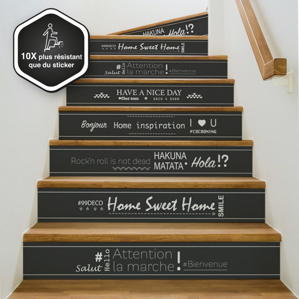 contremarche escalier pvc mix happy noir 15x100cm - lot de 5