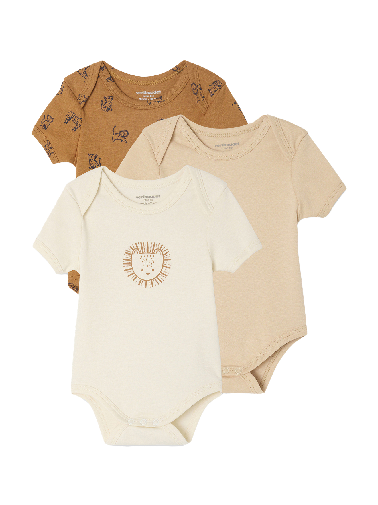 Lot de 3 bodies manches courtes Safari, VERTBAUDET