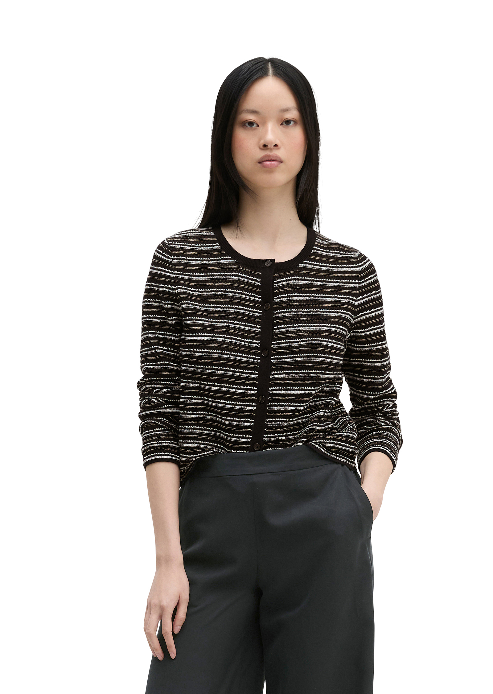 Cardigan ajouré rayé regular en coton et lin mélangés, MARC O'POLO