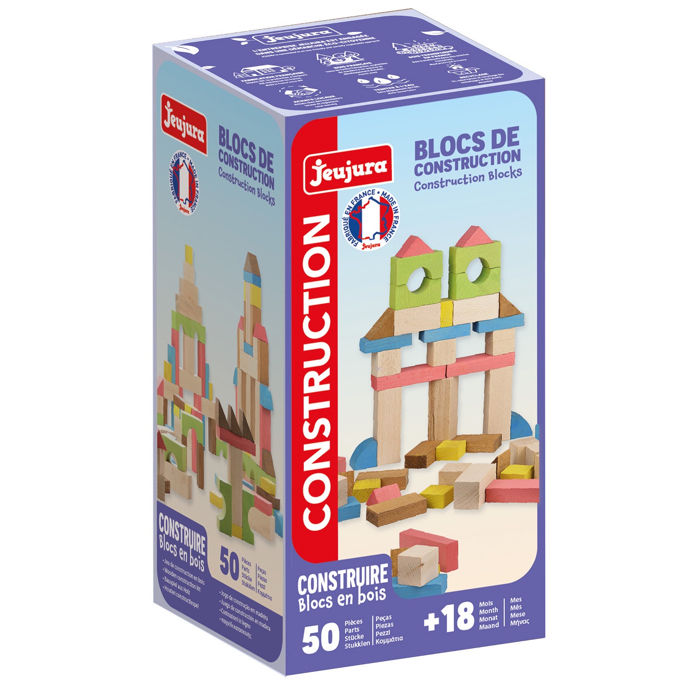 Set de 50 blocs de construction en bois, JEUJURA