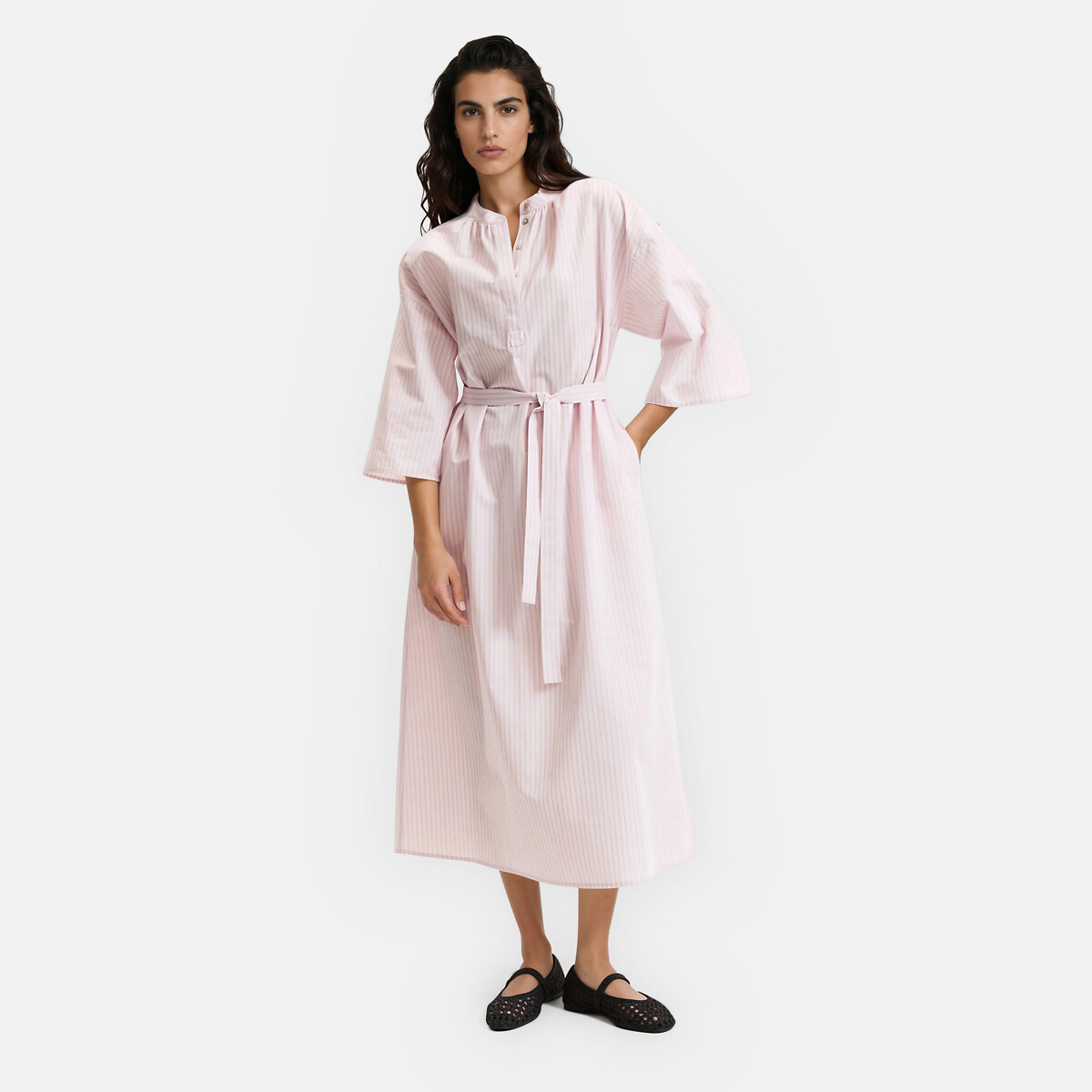 Robe longue rayée en coton lin, manches 3/4, LA REDOUTE COLLECTIONS