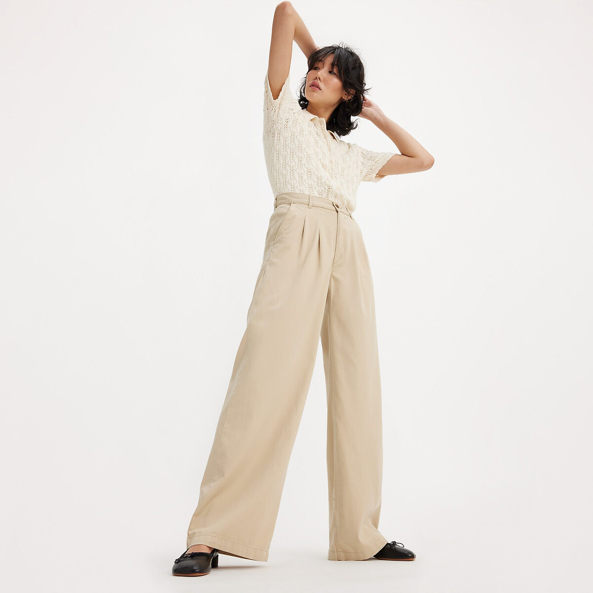 Image of Pleated Wide Leg Trousers in Cotton Mix