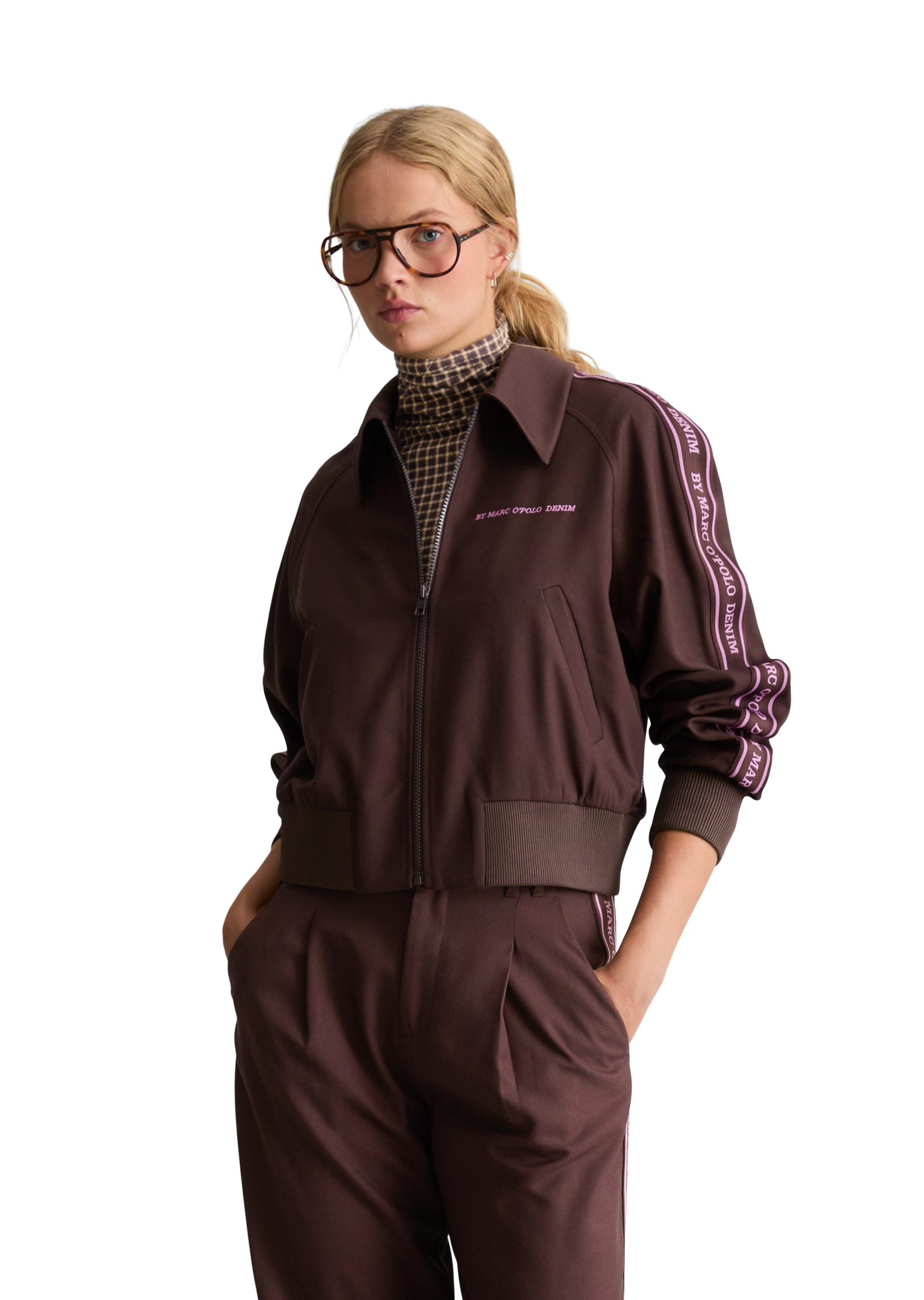 Blouson court avec bandeau portant le logo tissé en mélange polyester-viscose, MARC O’POLO DENIM