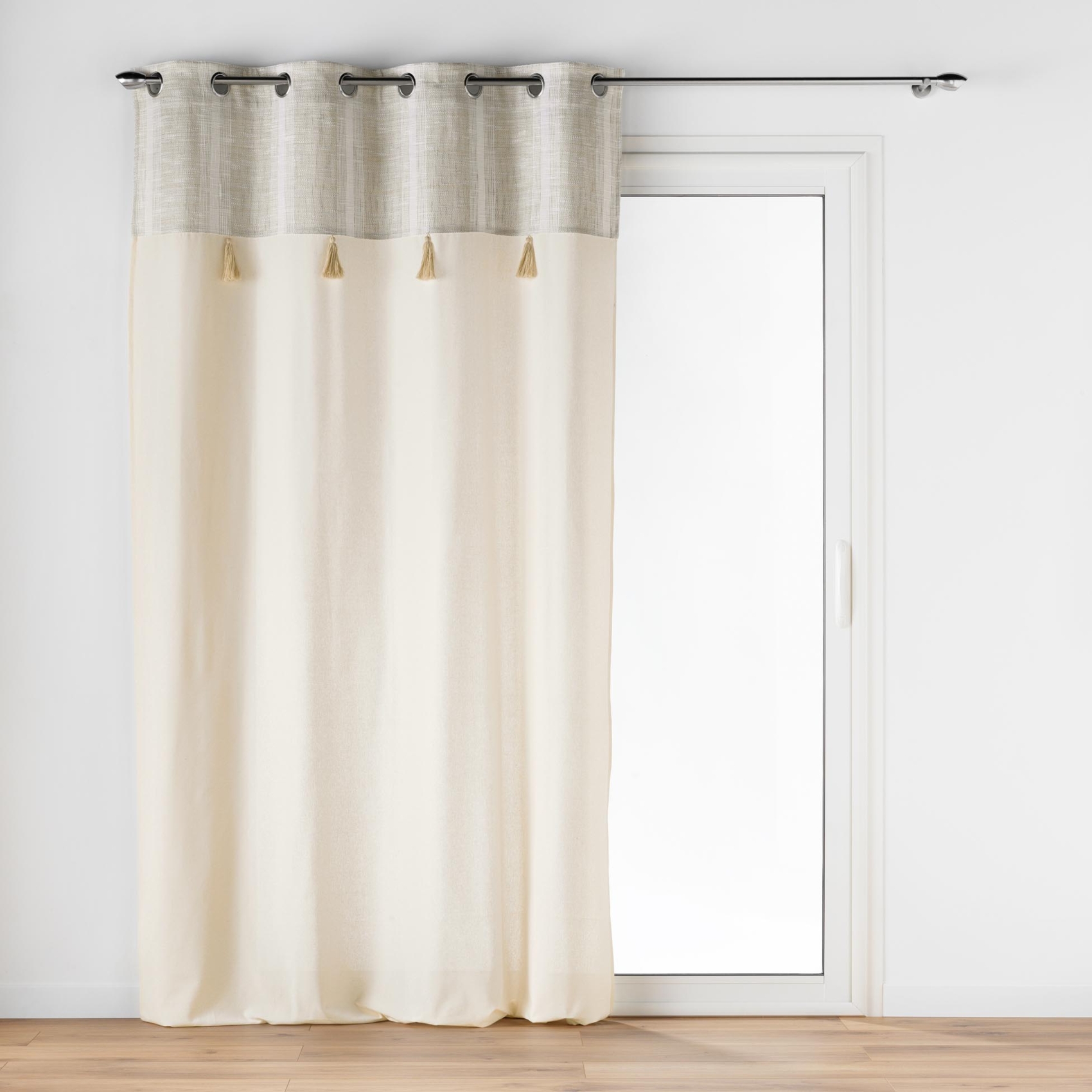 Rideau à œillets polycoton avec top tissé et pompons, DOUCEUR D'INTÉRIEUR