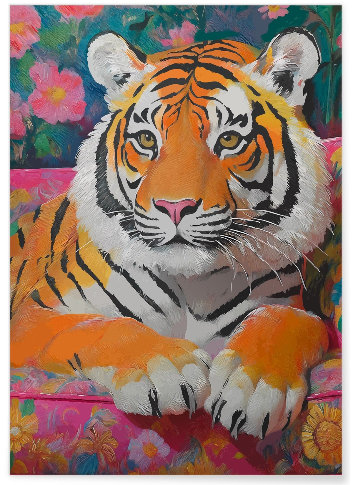 Affiche Tigre canapé fleuri, L'AFFICHERIE