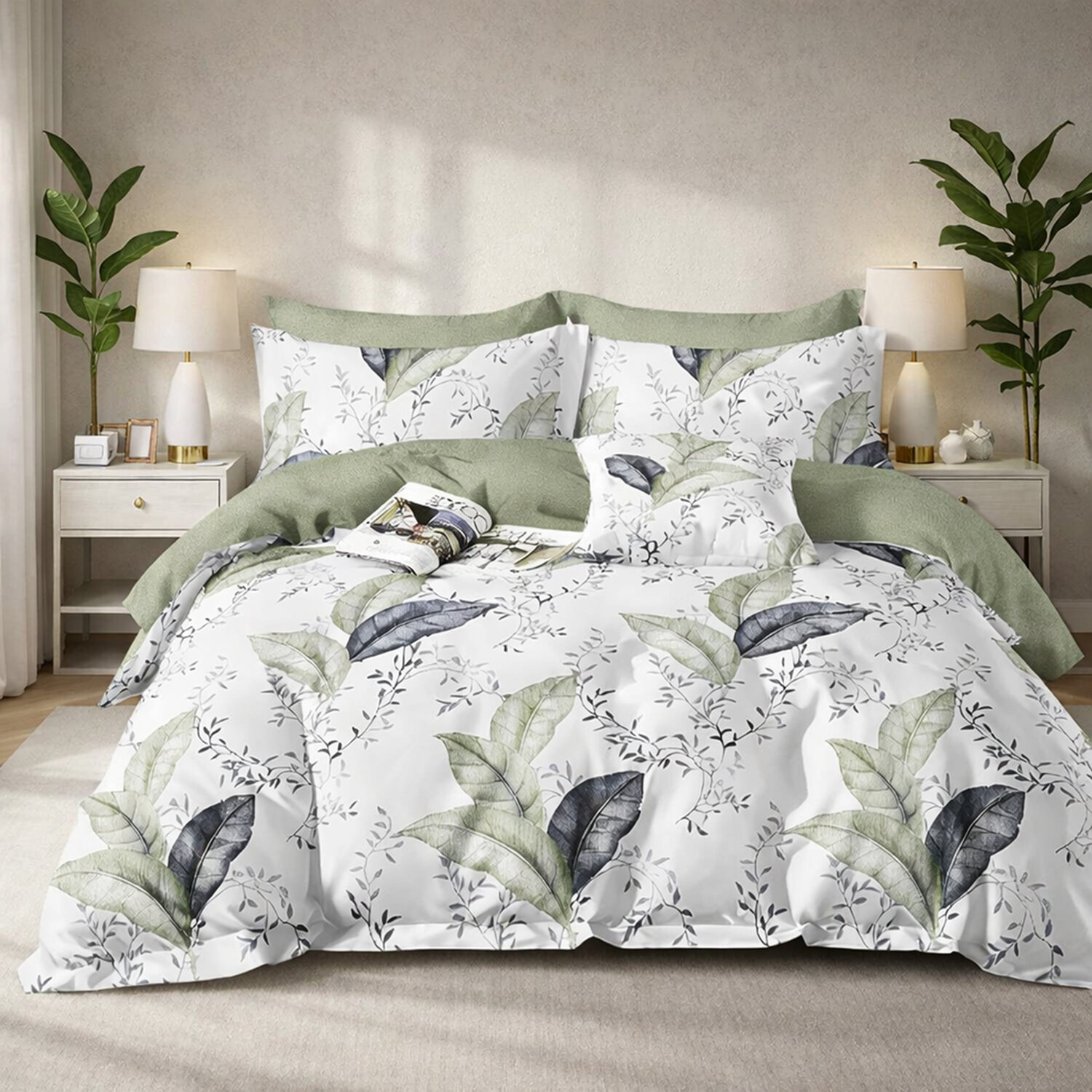Parure de lit en percale de coton imprimé feuillage vert, Sylmée, C DESIGN HOME TEXTILE