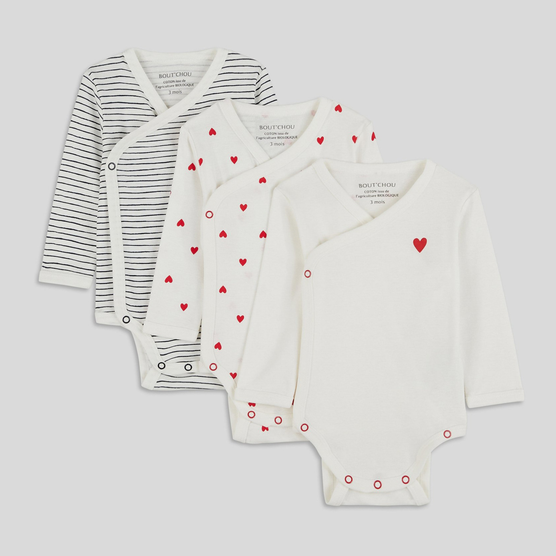 Lot de 3 bodies manches longues imprimé en coton BIO, BOUT'CHOU