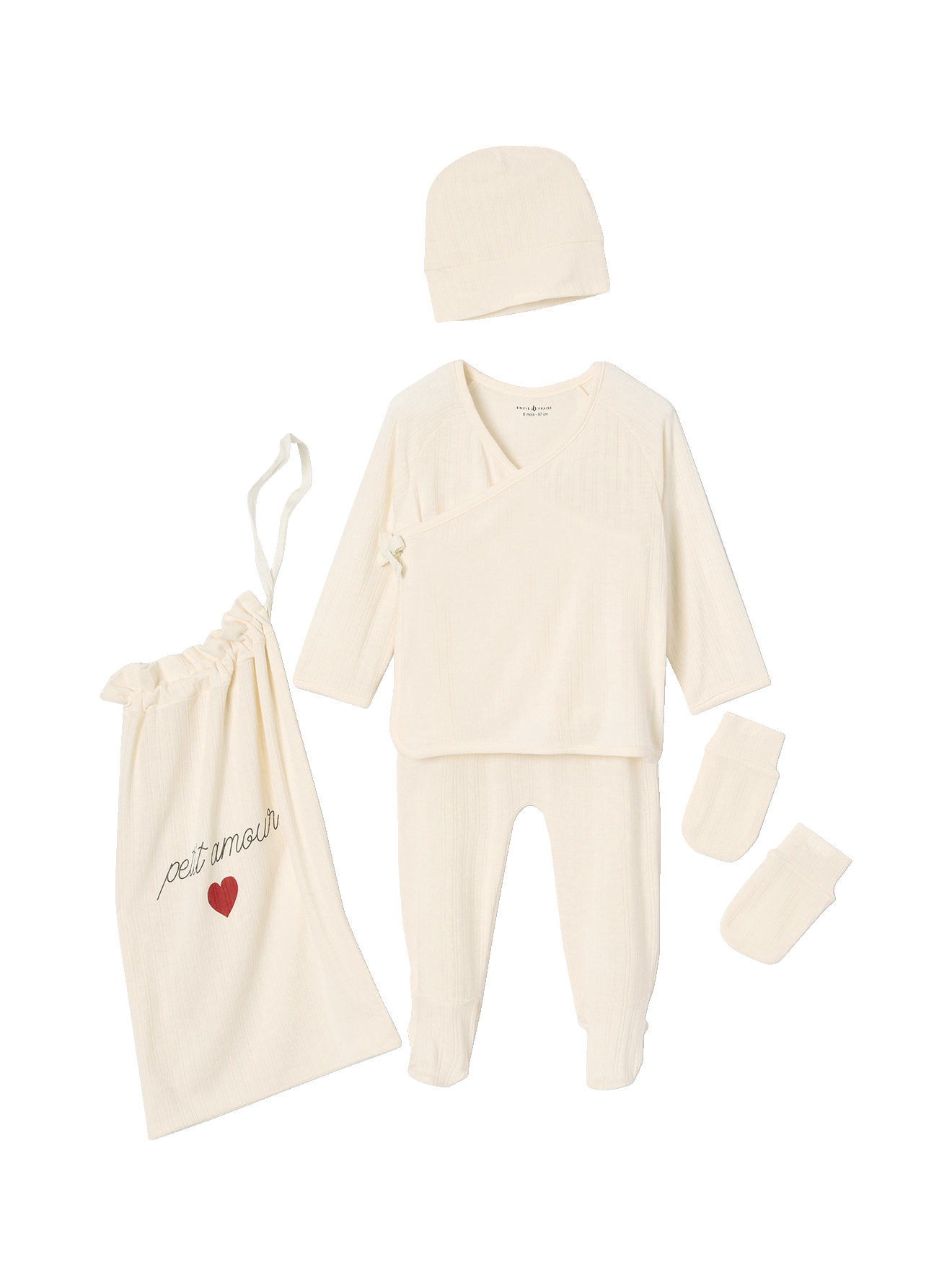 Kit naissance 5 pièces : brassière + pantalon + bonnet + gants + pochon, ENVIE DE FRAISE