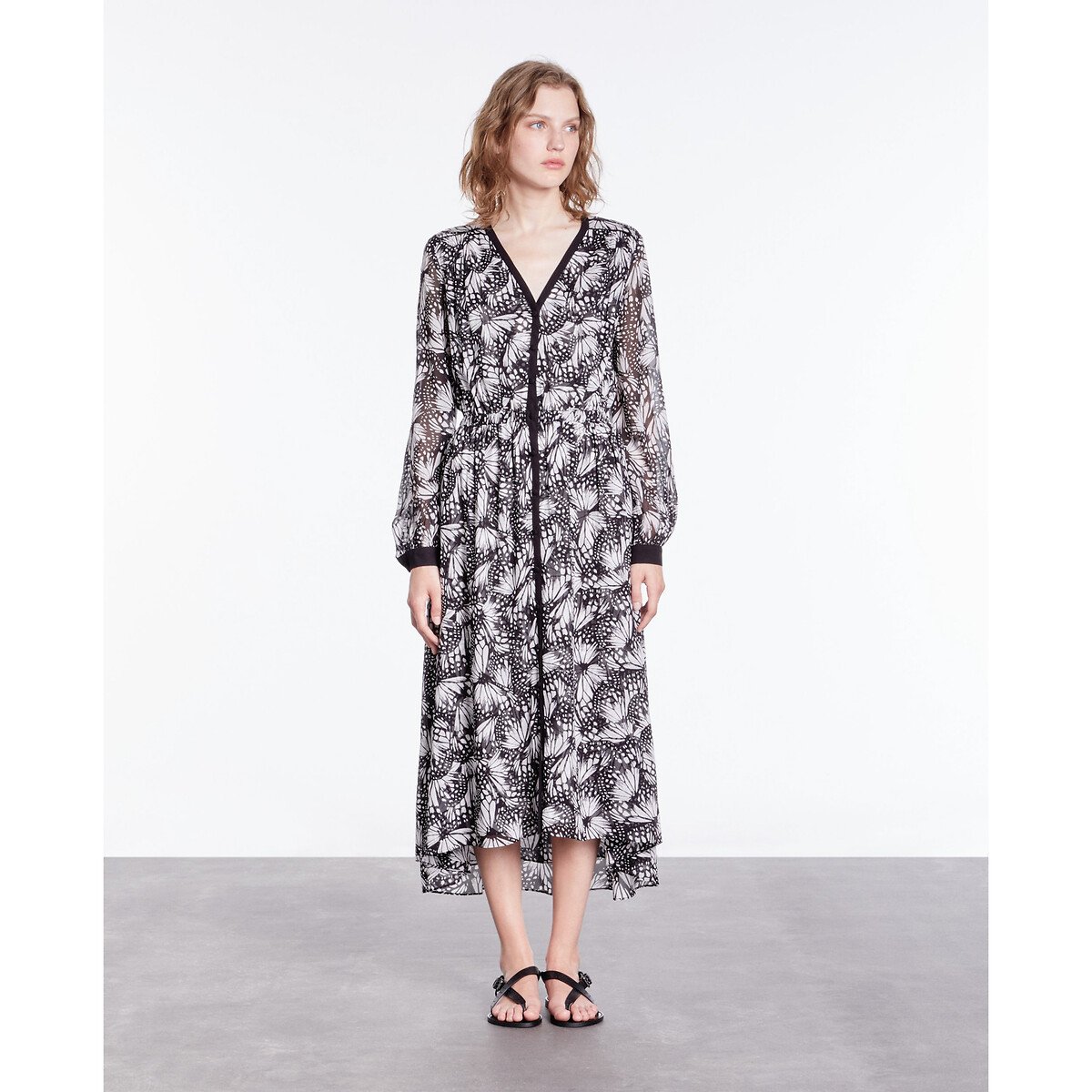Printed Voile Midi Dress with Long Sleeves