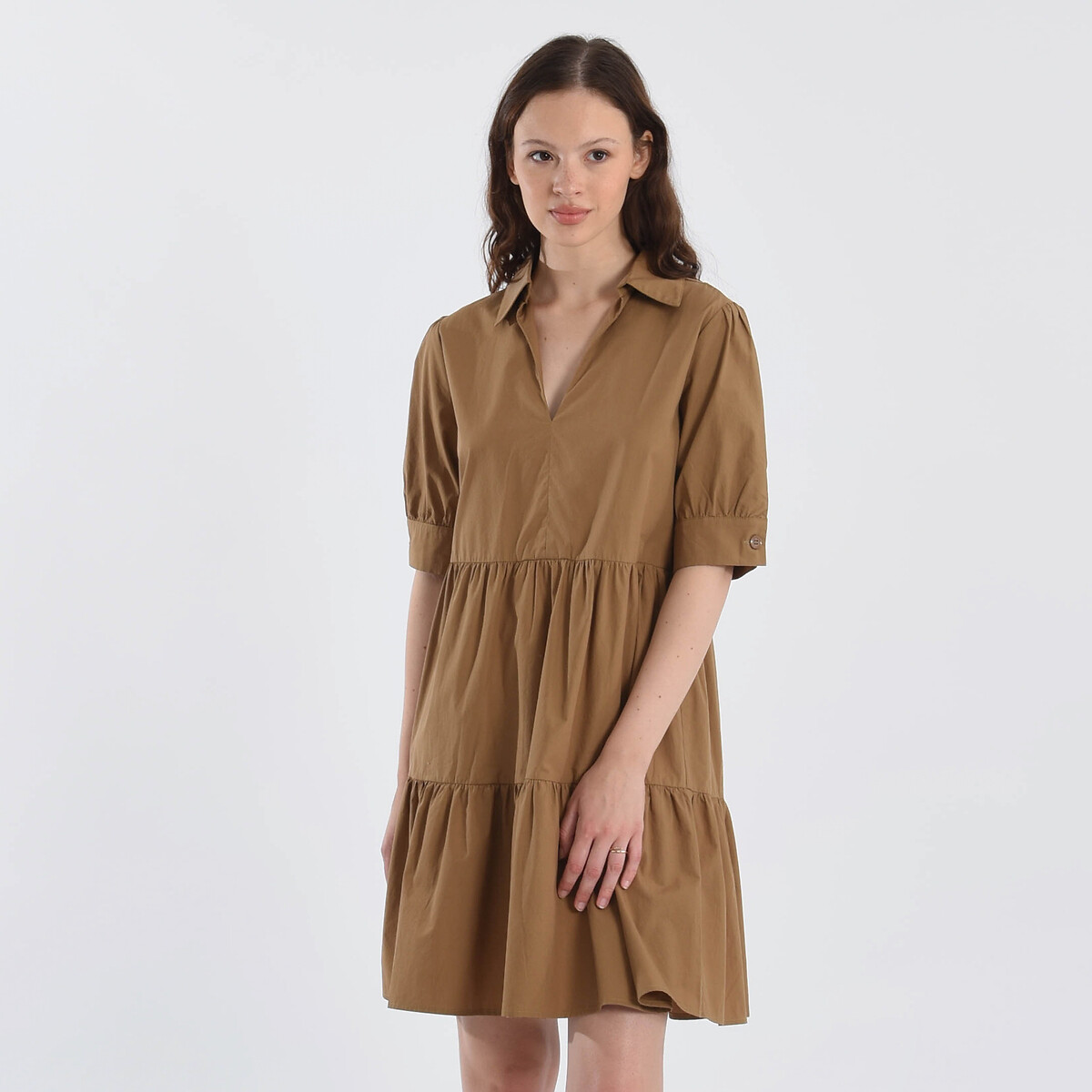 Cotton Full Shirt Dress with Short Sleeves