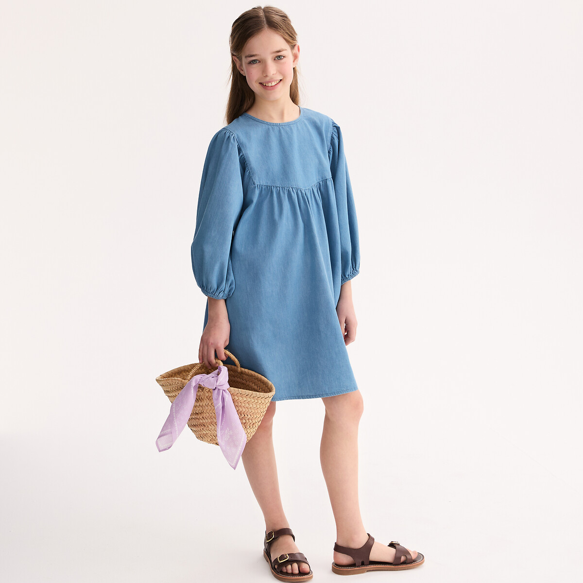Abito con maniche a 3/4 in denim leggero, LA REDOUTE COLLECTIONS