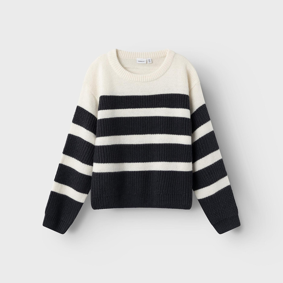 Image of Striped Chunky Knit Cardigan with Crew Neck