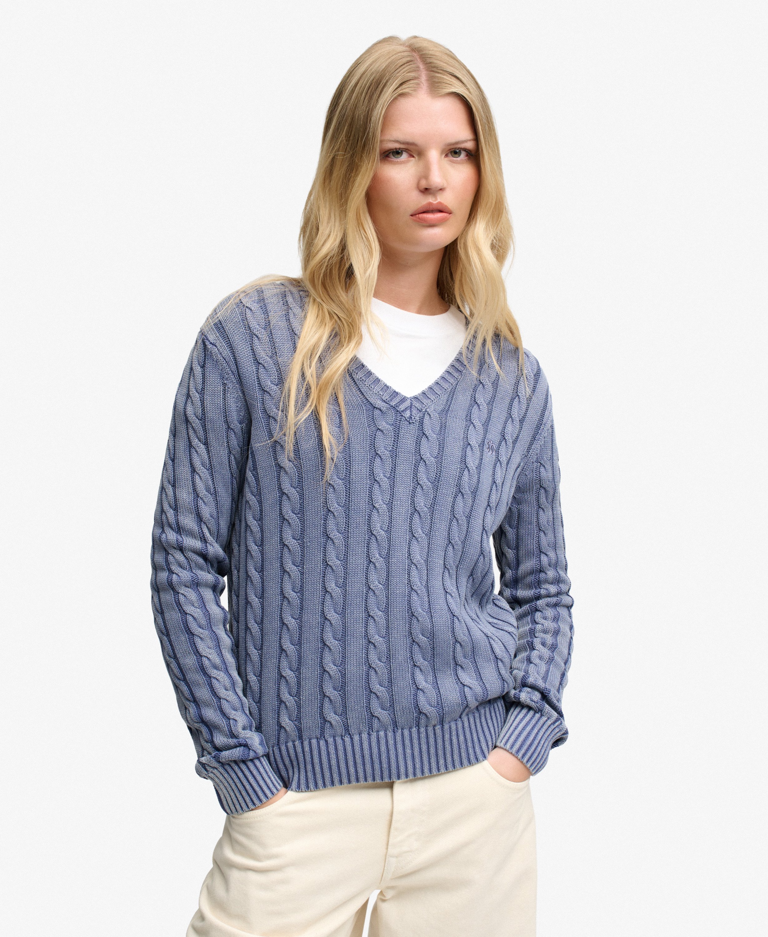 Pull Cable Washed V Neck Coupe Ajustée, SUPERDRY