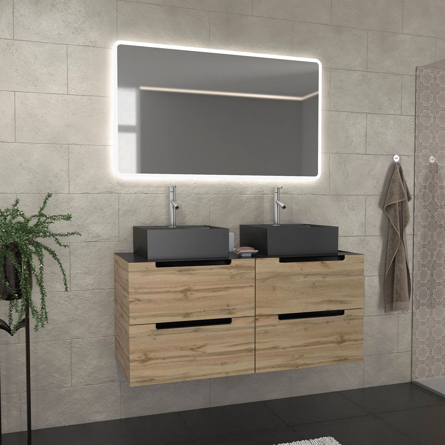 Ensemble de salle de bains avec 2 vasques et 1 miroir rectangulaires à led, HOME MAISON