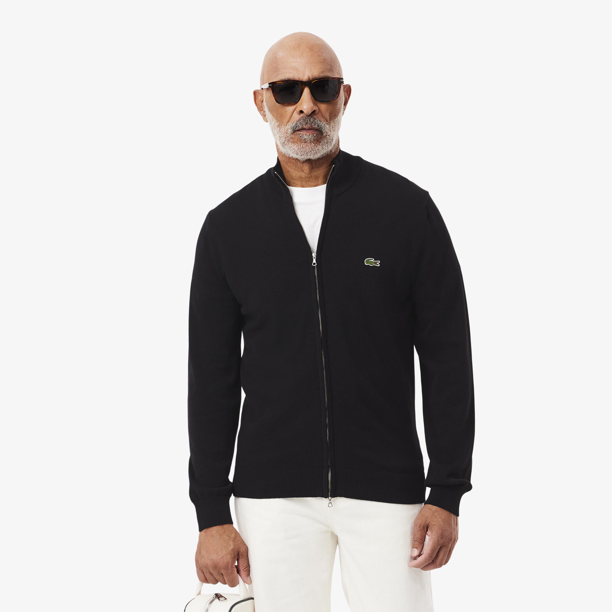 Pull zippé coton uni col montant, LACOSTE