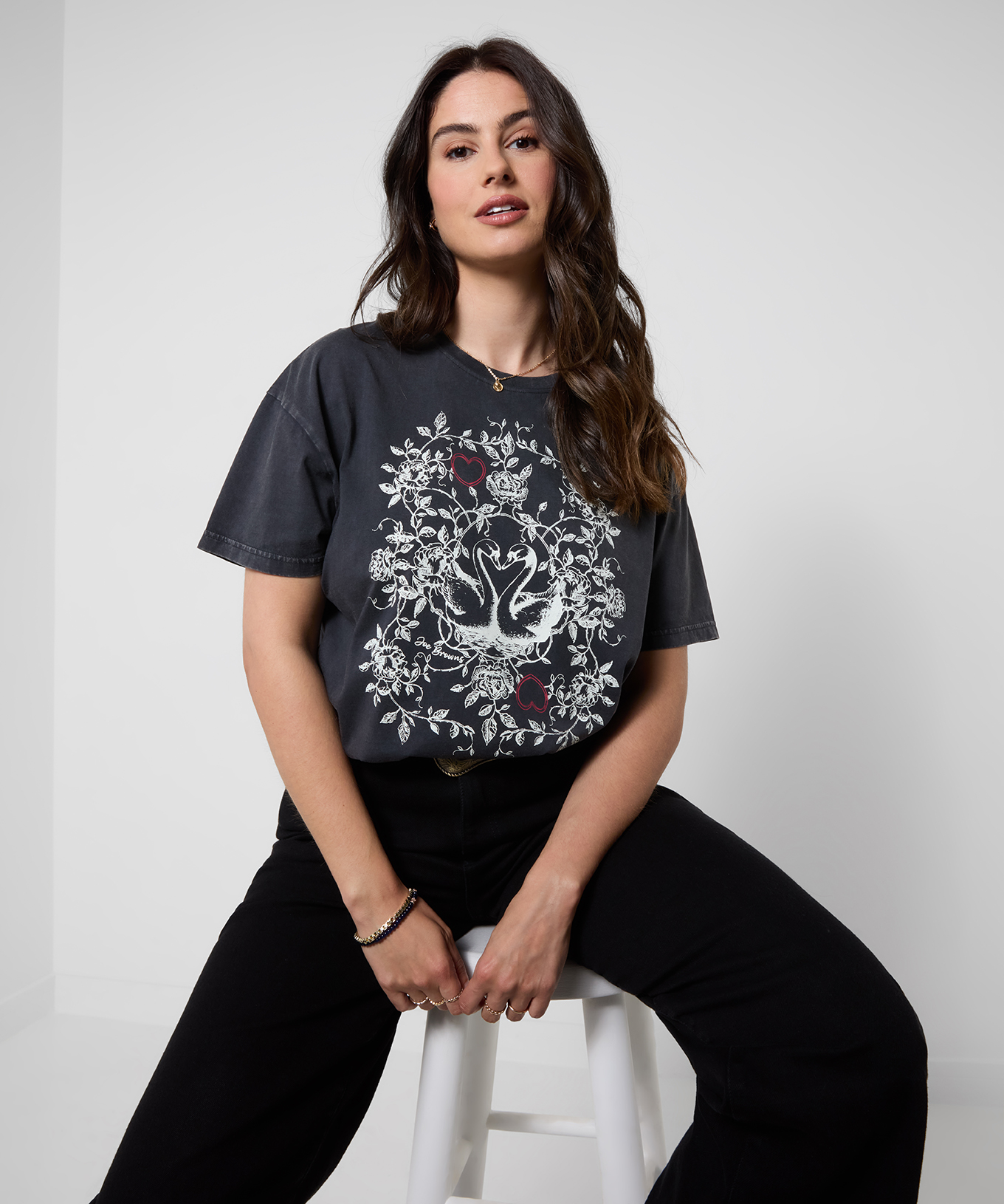 T-Shirt à Manches Courtes Délavé Imprimé Cygne, JOE BROWNS