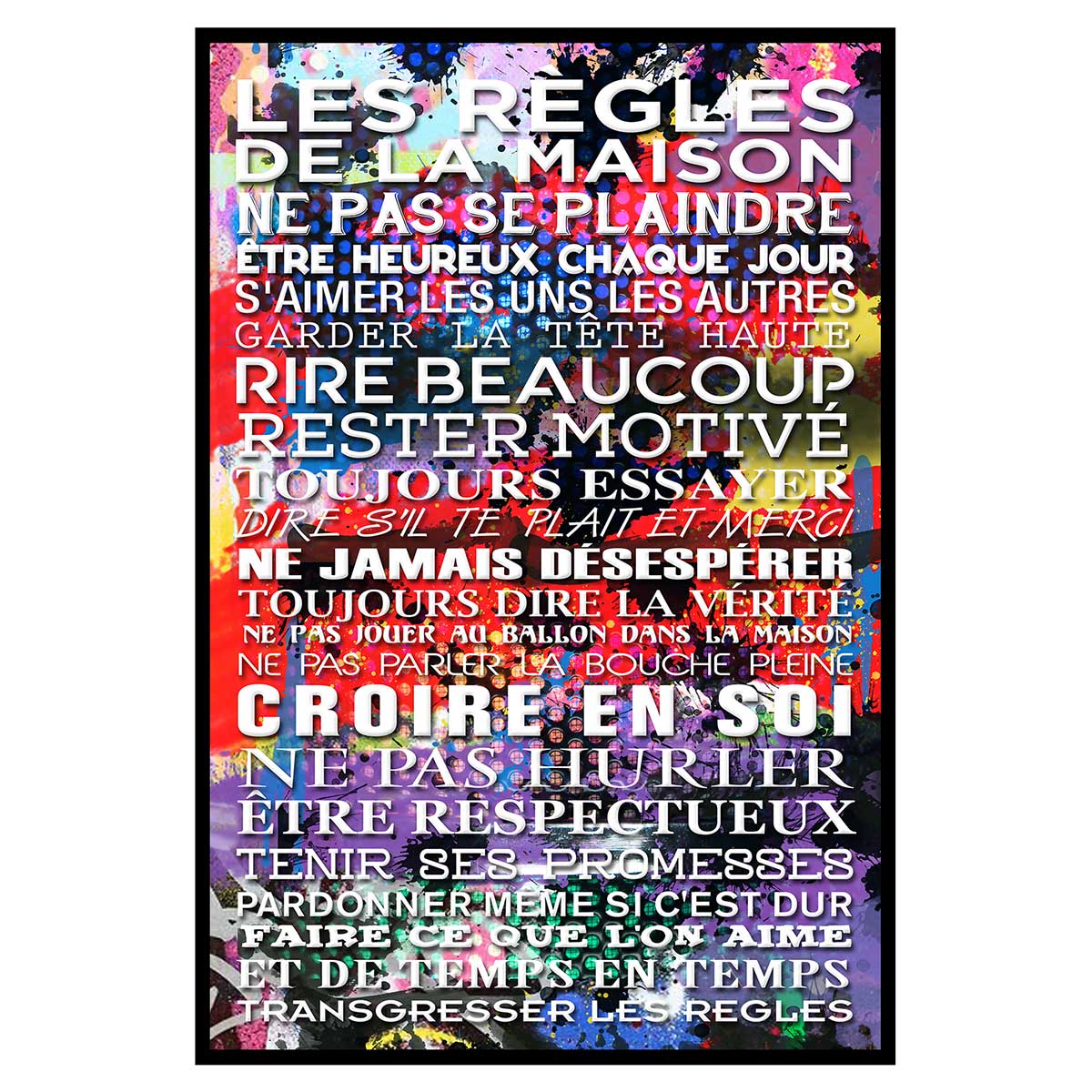 Affiche encadrée Les règles de la maison version artistique colorée, HEXOA