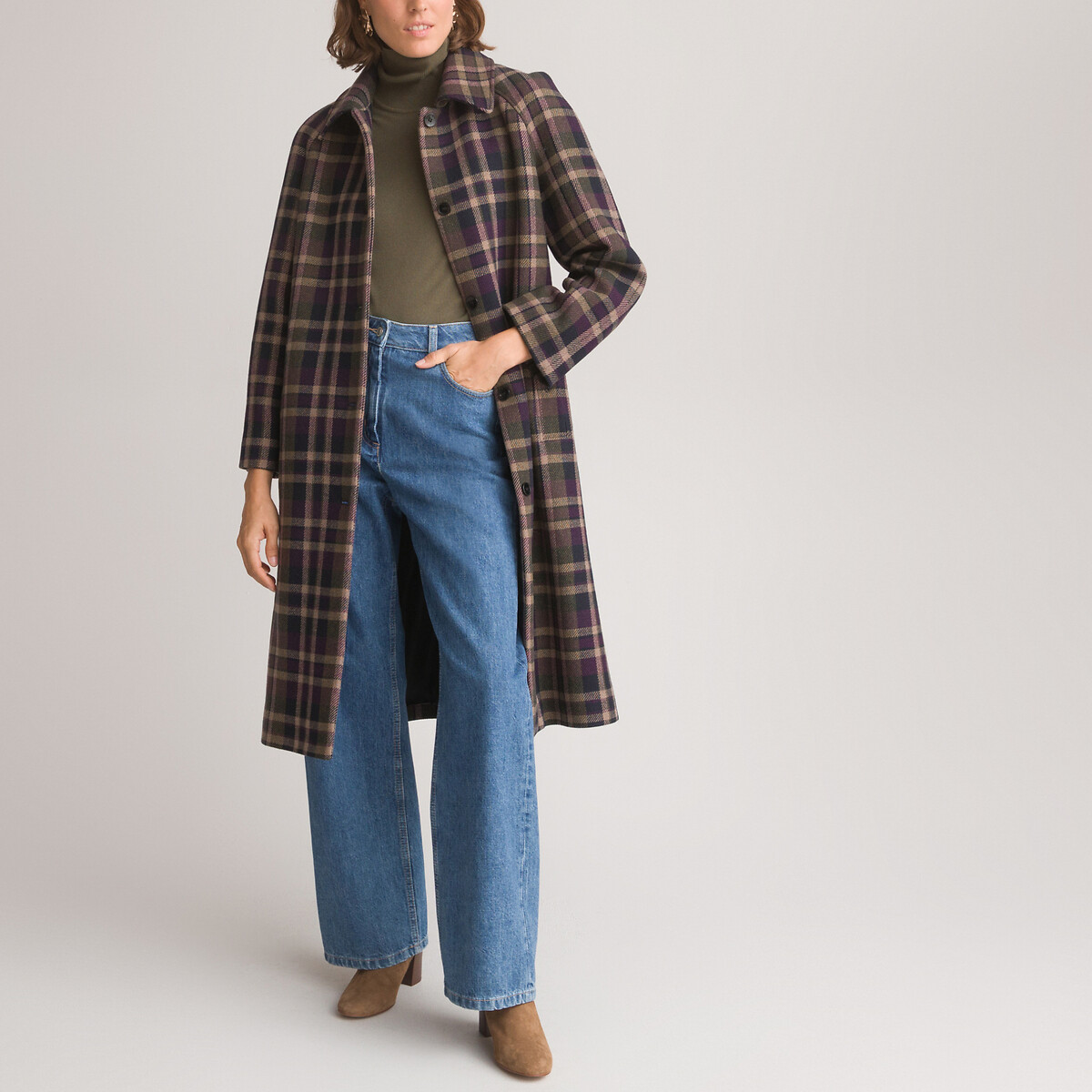Long Checked Coat in Recycled Wool Mix