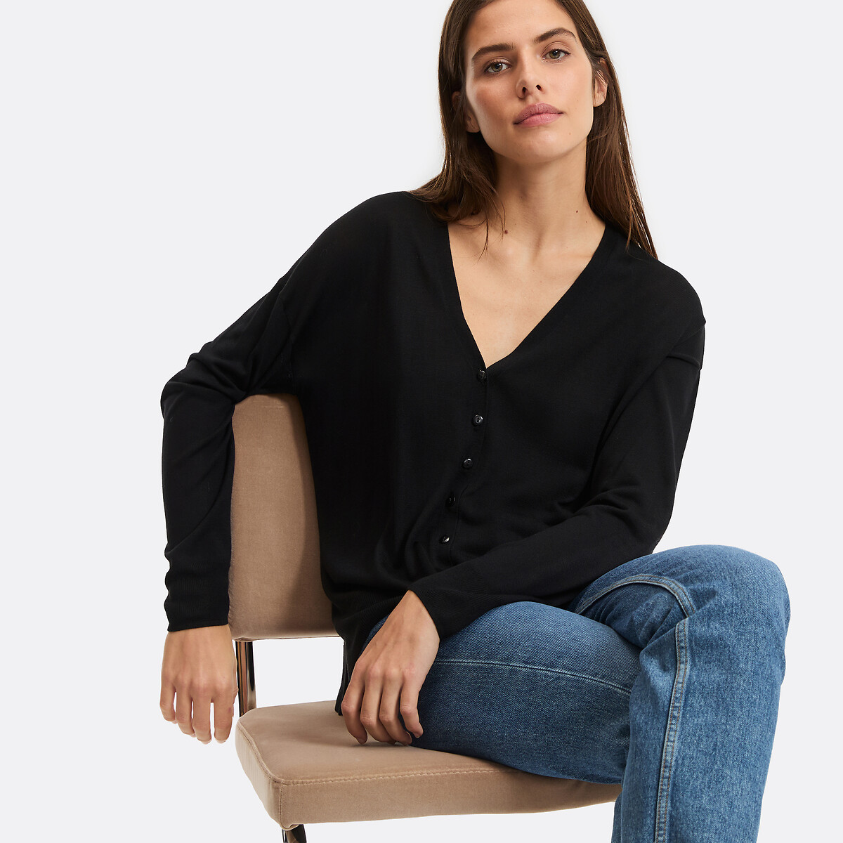 Cardigan col V en fine maille, boutonné, LA REDOUTE COLLECTIONS