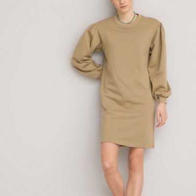 Cotton Mini Dress with Crew Neck and Long Sleeves LA REDOUTE COLLECTIONS