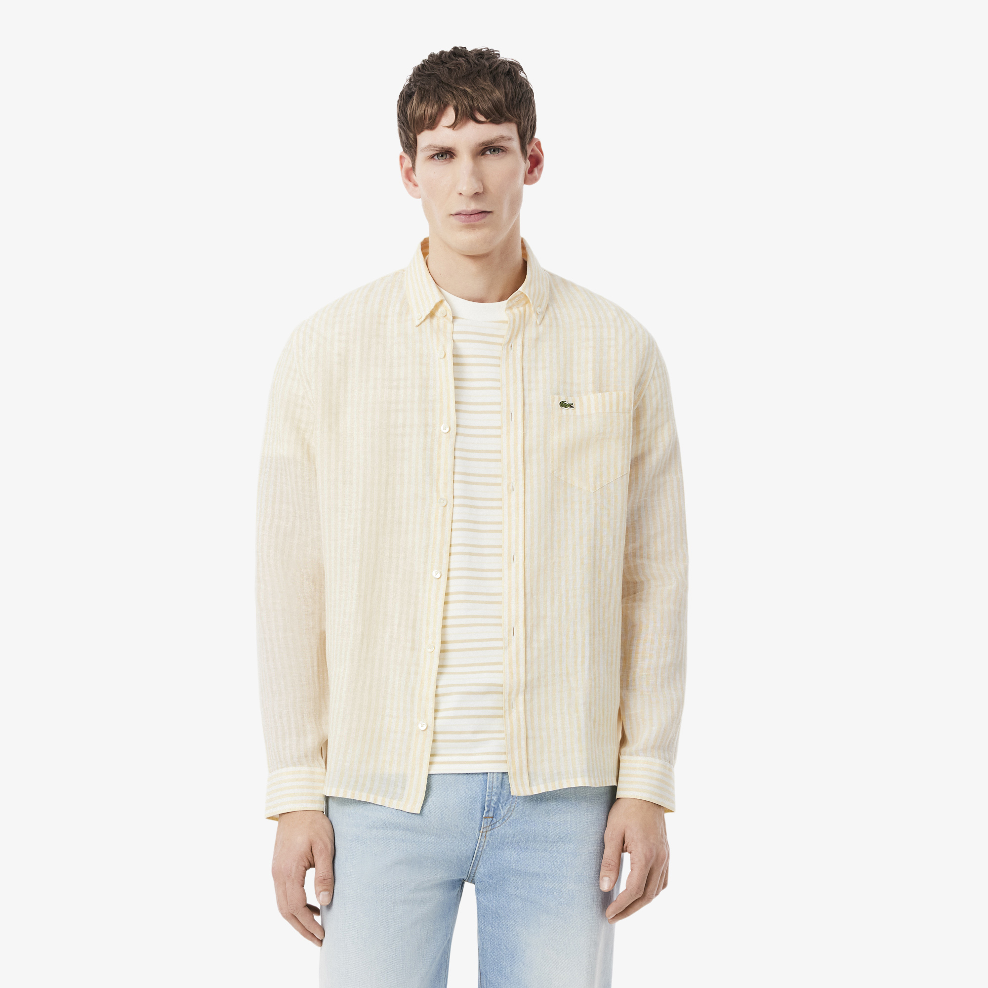 Chemise regular fit en lin rayée, LACOSTE