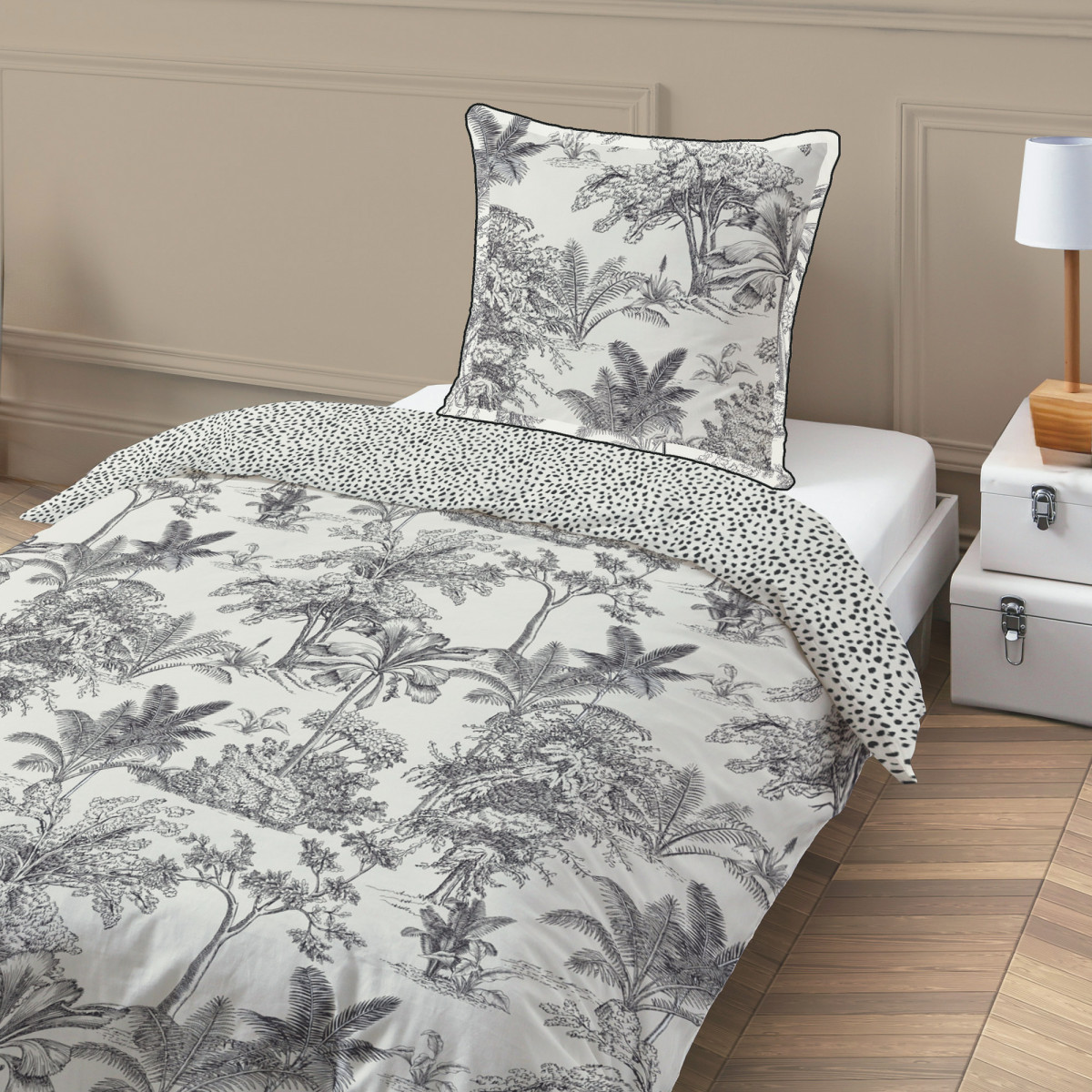 Parure de lit 1 personne en coton 57 fils imprimé blanc FAUVE, FUTURE HOME