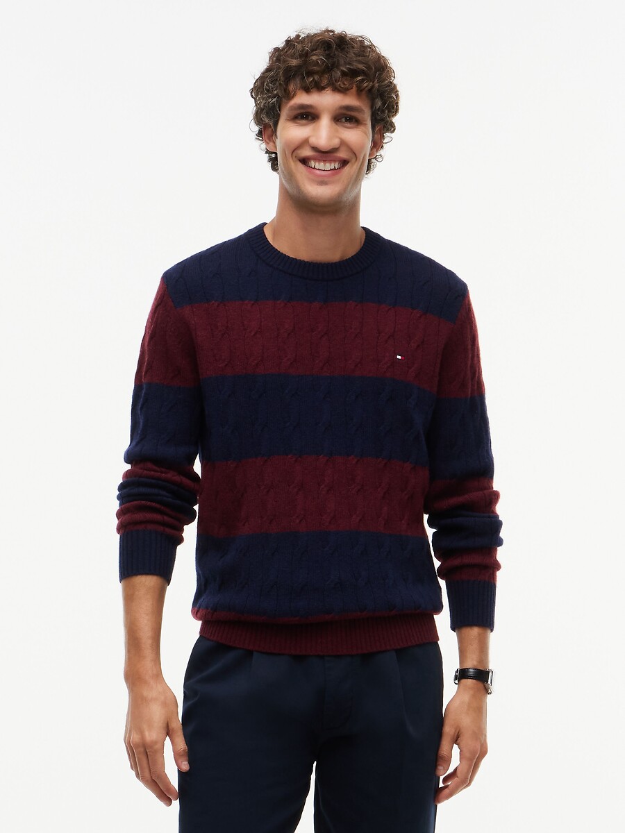 Wool Cable Knit Jumper with Crew Neck, TOMMY HILFIGER