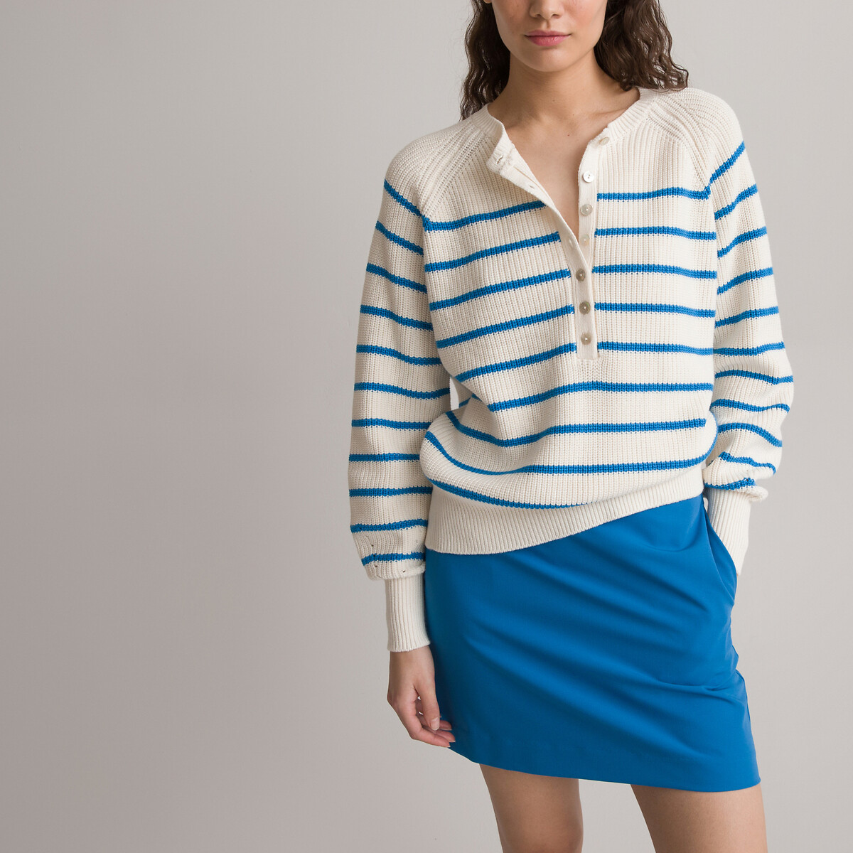 Breton Striped Jumper in Cotton Mix with Grandad Collar and Puff Sleeves