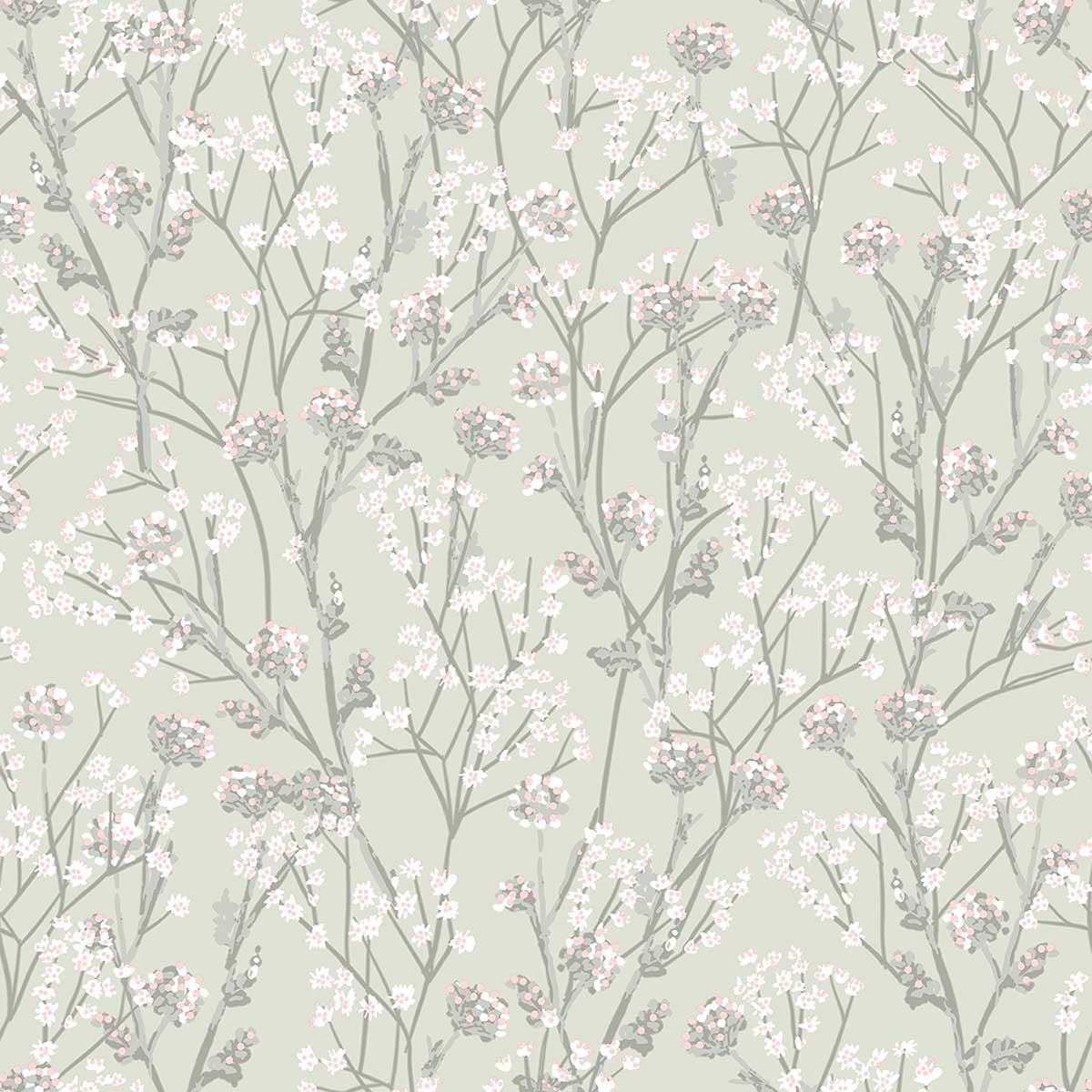 Papier peint fleurs sauvages vert sauge rosé, HEXOA