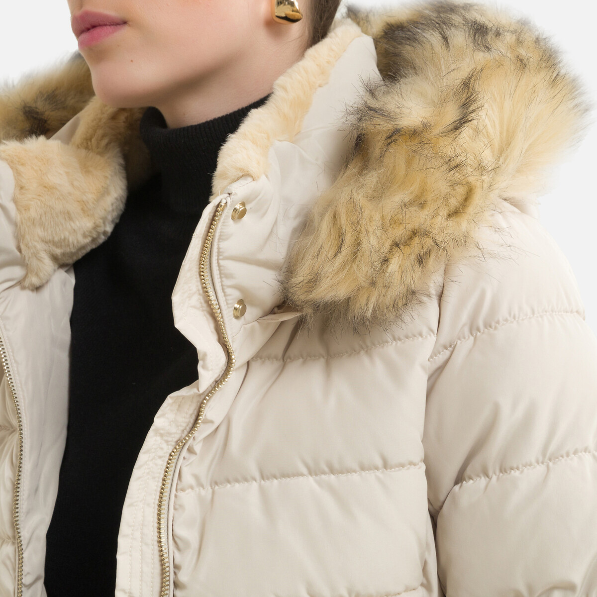 white padded jacket with fur hood