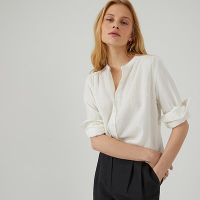 Cotton Mandarin Collar Blouse with Long Sleeves LA REDOUTE COLLECTIONS