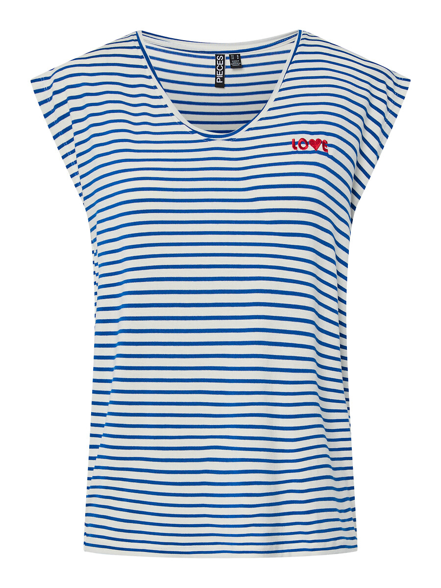 Tshirt à rayures col v inscription poitrine, PIECES