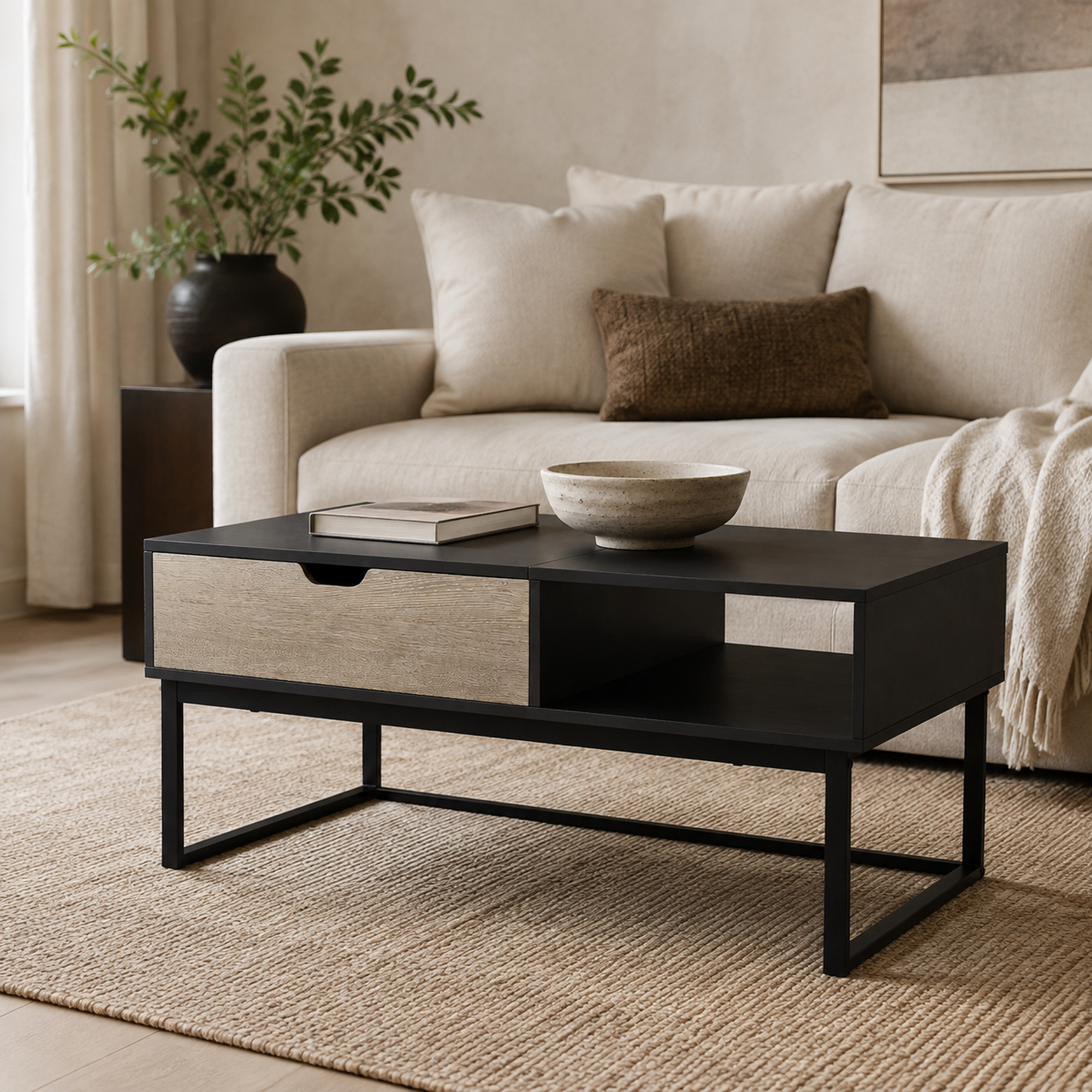 Table basse bicolore avec plateau relevable et rangement ouvert, Noir, BRYSON, TEAMSON HOME