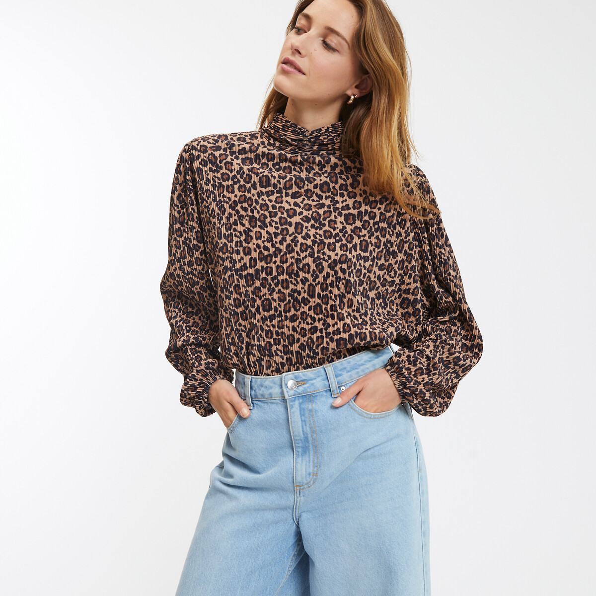 Animal print blouse with high neck animal print La Redoute Collections La Redoute