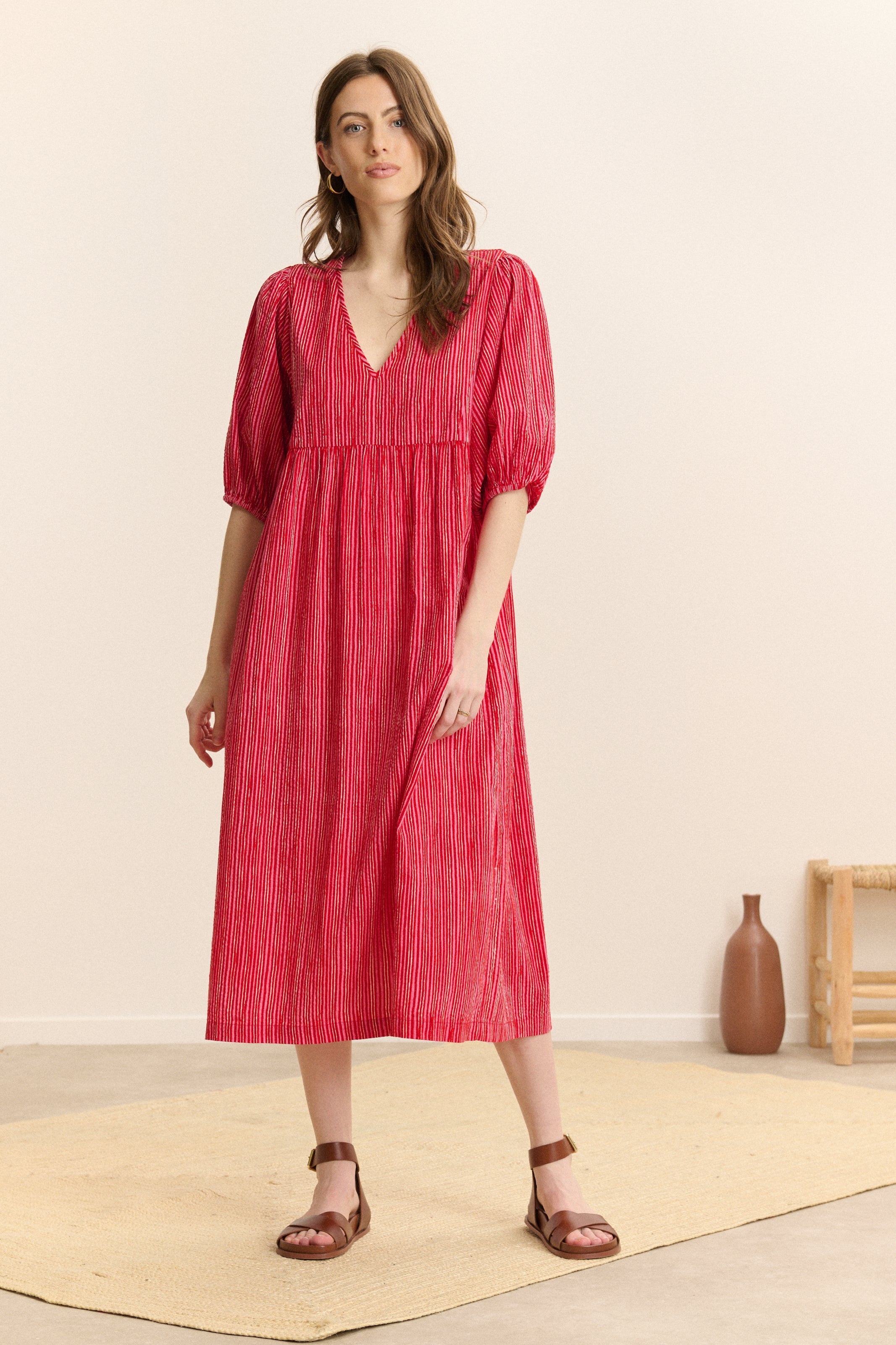 Robe midi à rayures manches 3/4 CARA, GARANCE PARIS