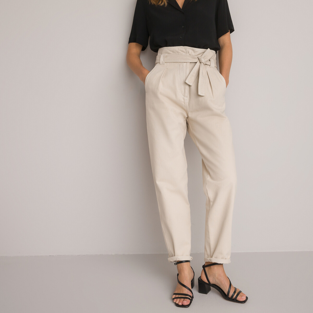 Cotton Cigarette Trousers with Tie-Waist, Length 30.5"