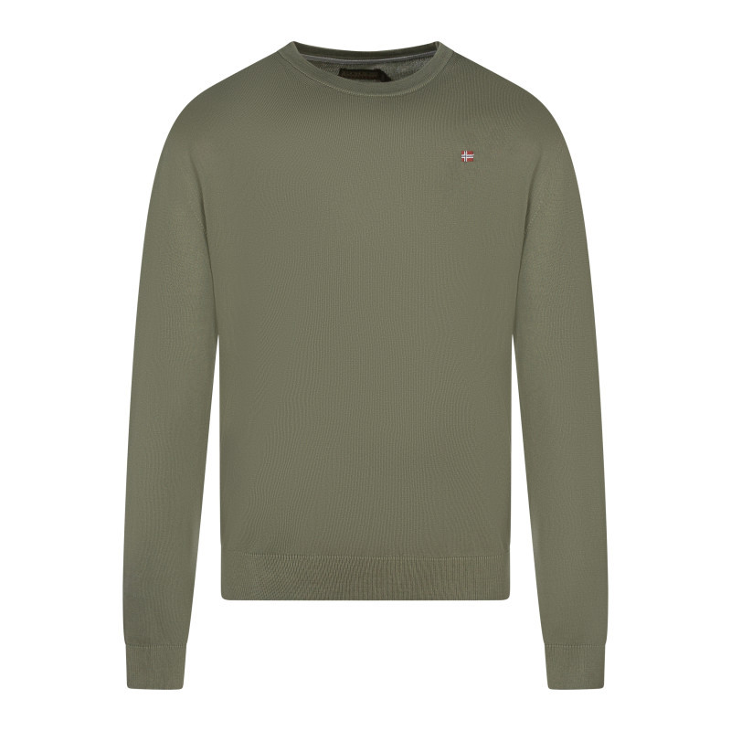 Pull en coton kaki uni avec un col rond et le logo brodé en petit, NAPAPIJRI