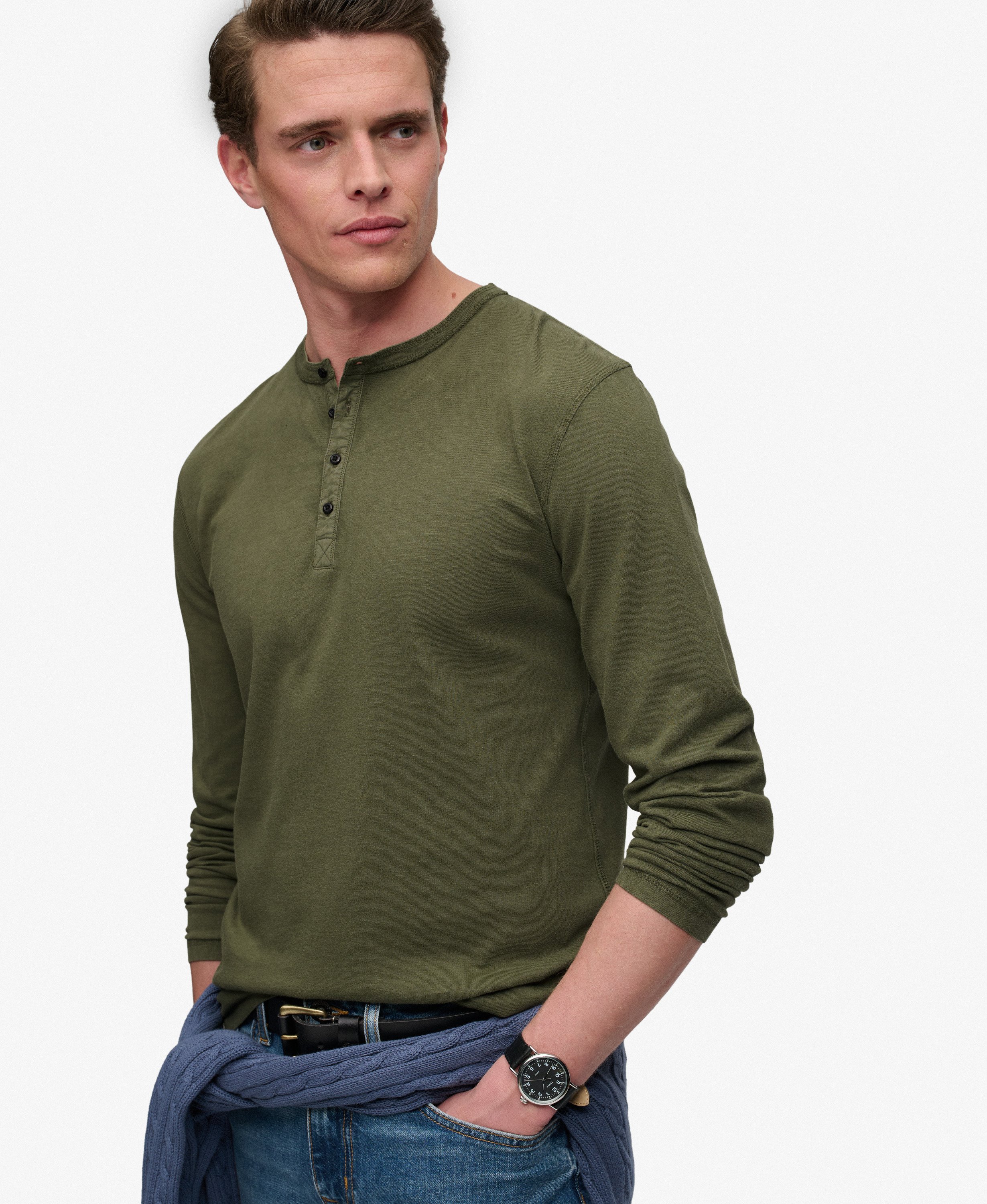 T-shirt Henley manches longues en jersey slub, SUPERDRY