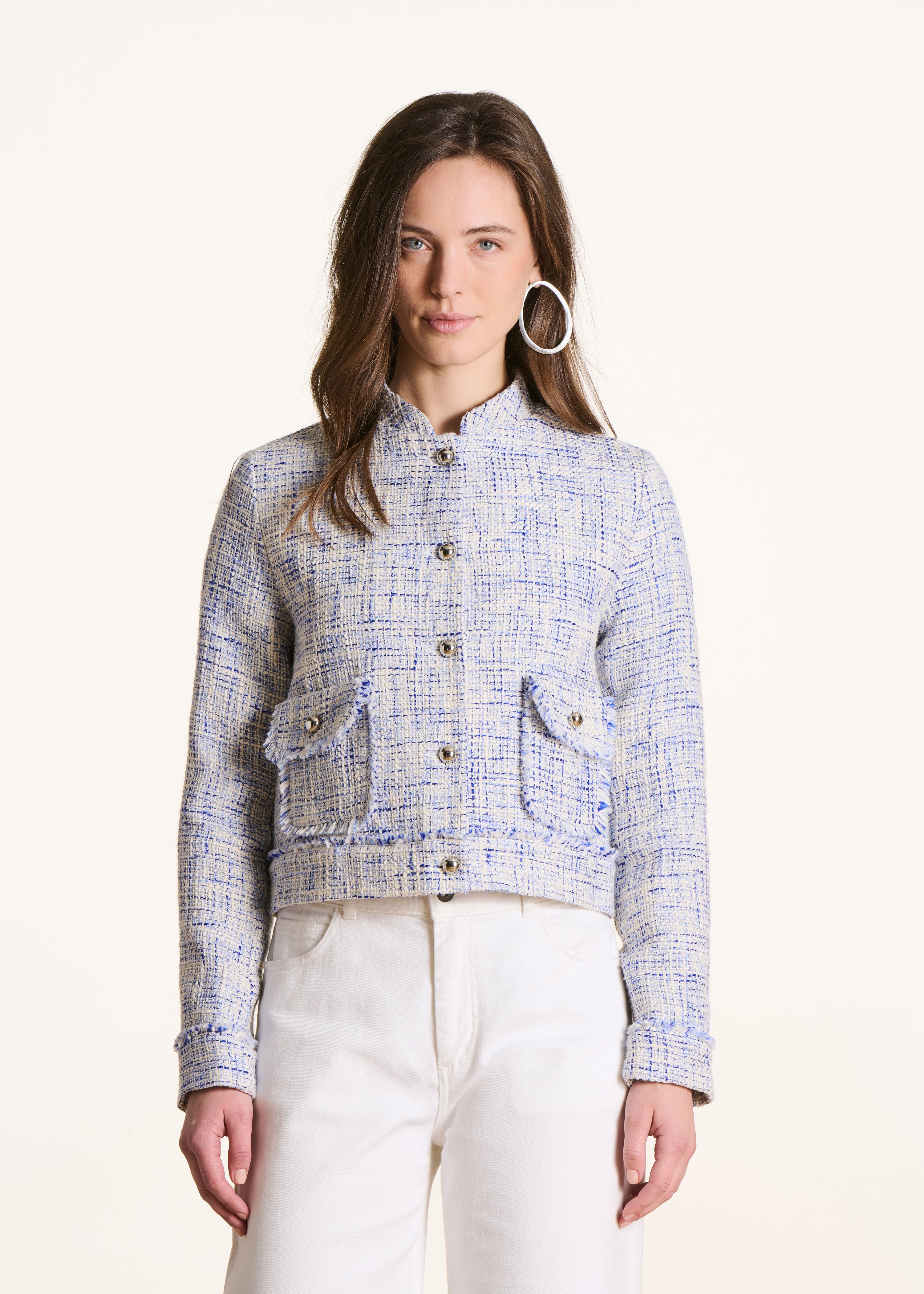 Veste droite en tweed col officier, LA FEE MARABOUTEE