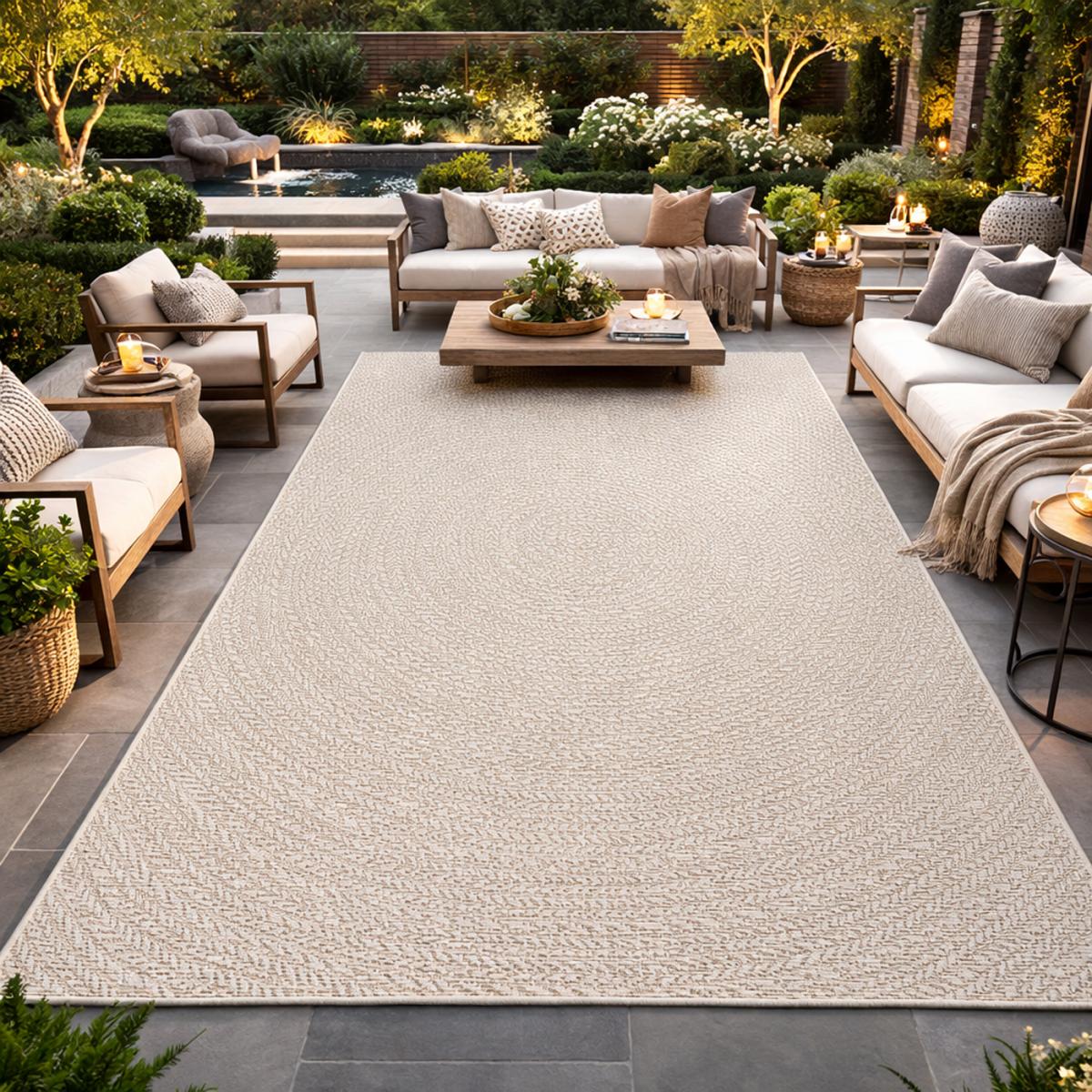 Tapis extérieur intérieur LYN13 REZY aspect jute motif rond ton sur ton, UN AMOUR DE TAPIS