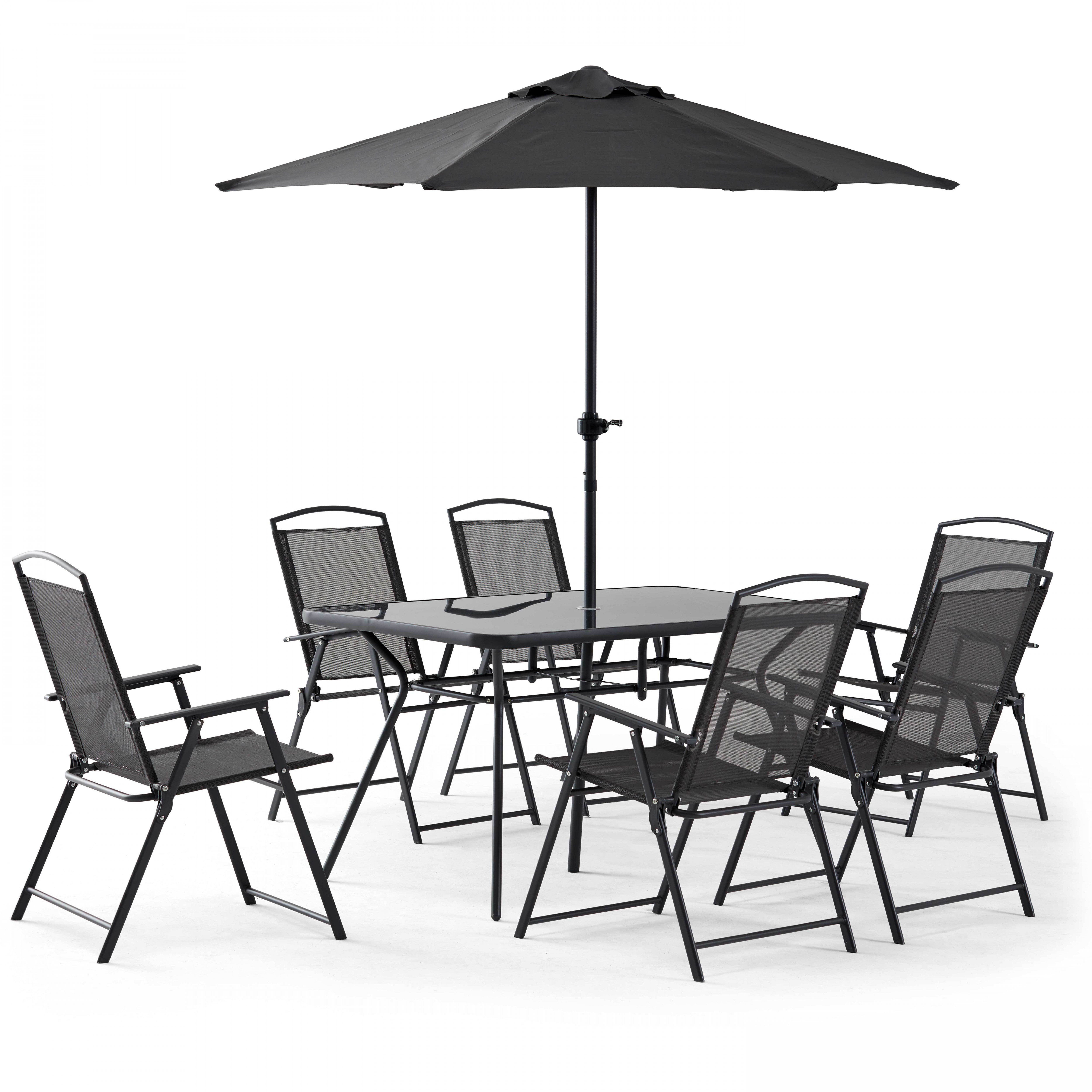 Salon de jardin table et 6 chaises avec parasol, BORMES, OVIALA