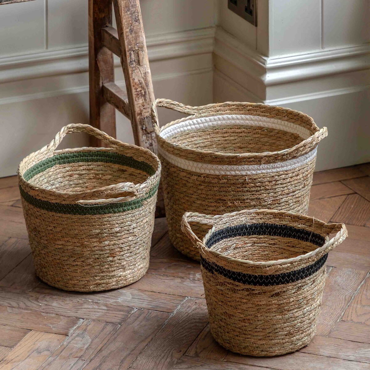 Set of 3 Nested Storage Basket in Black/White/Olive Stripe, ÉDITÉ