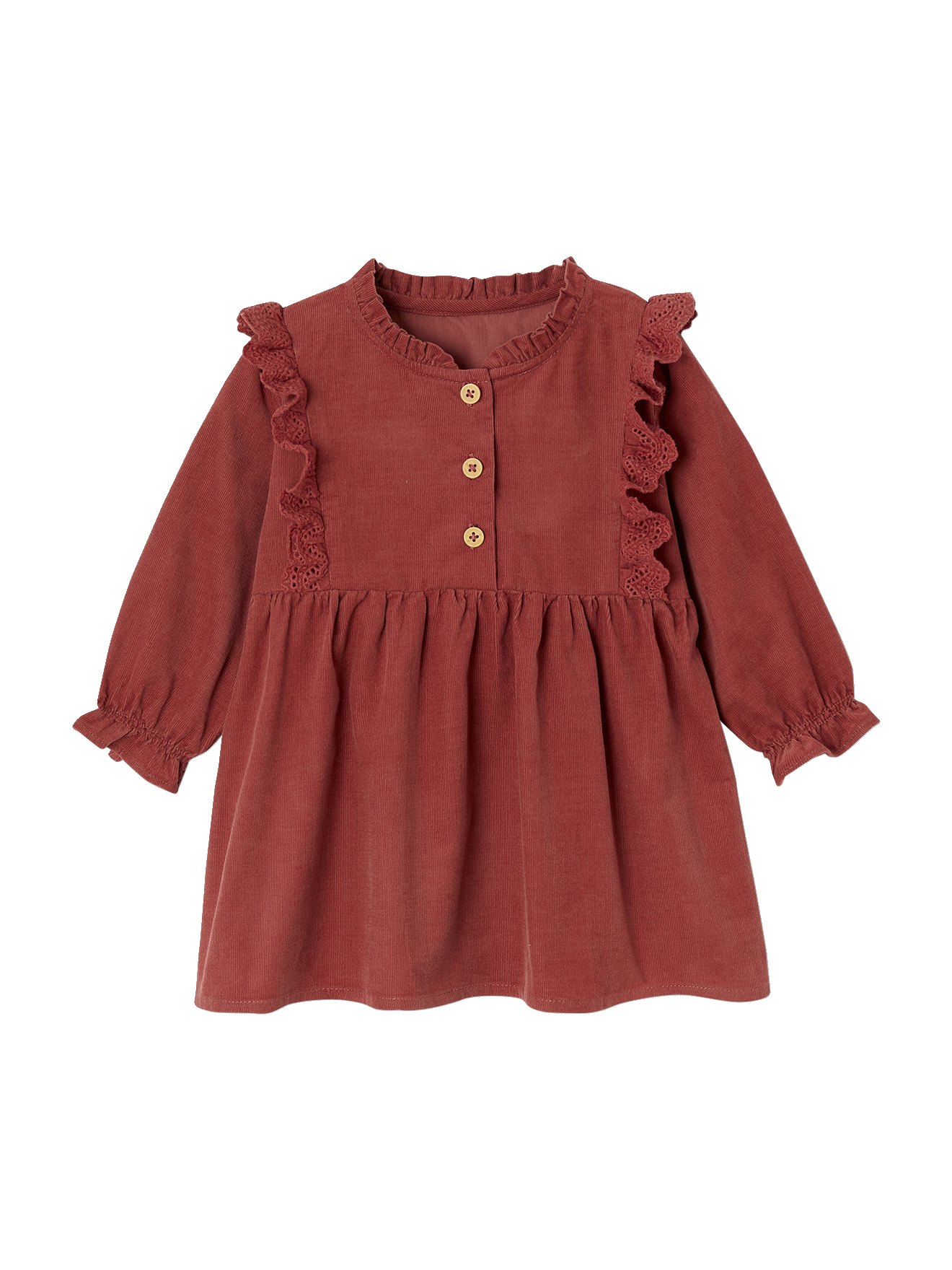 Robe Bébé Fille VERTBAUDET - Velours Côtelé 100% Coton, Broderie Anglaise, Manches Longues - Couleur Terracotta, Boutons Imitation Bois - 4