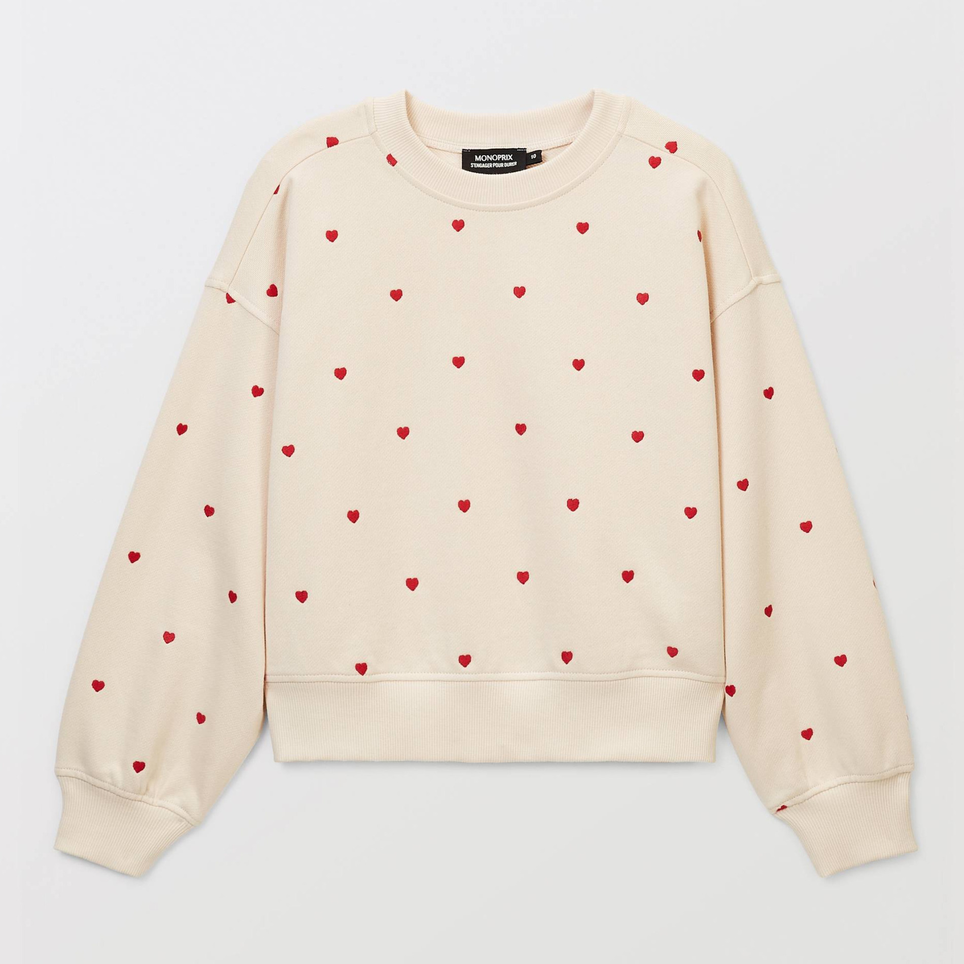 Sweat brodé coeurs contenant du coton BIO, MONOPRIX