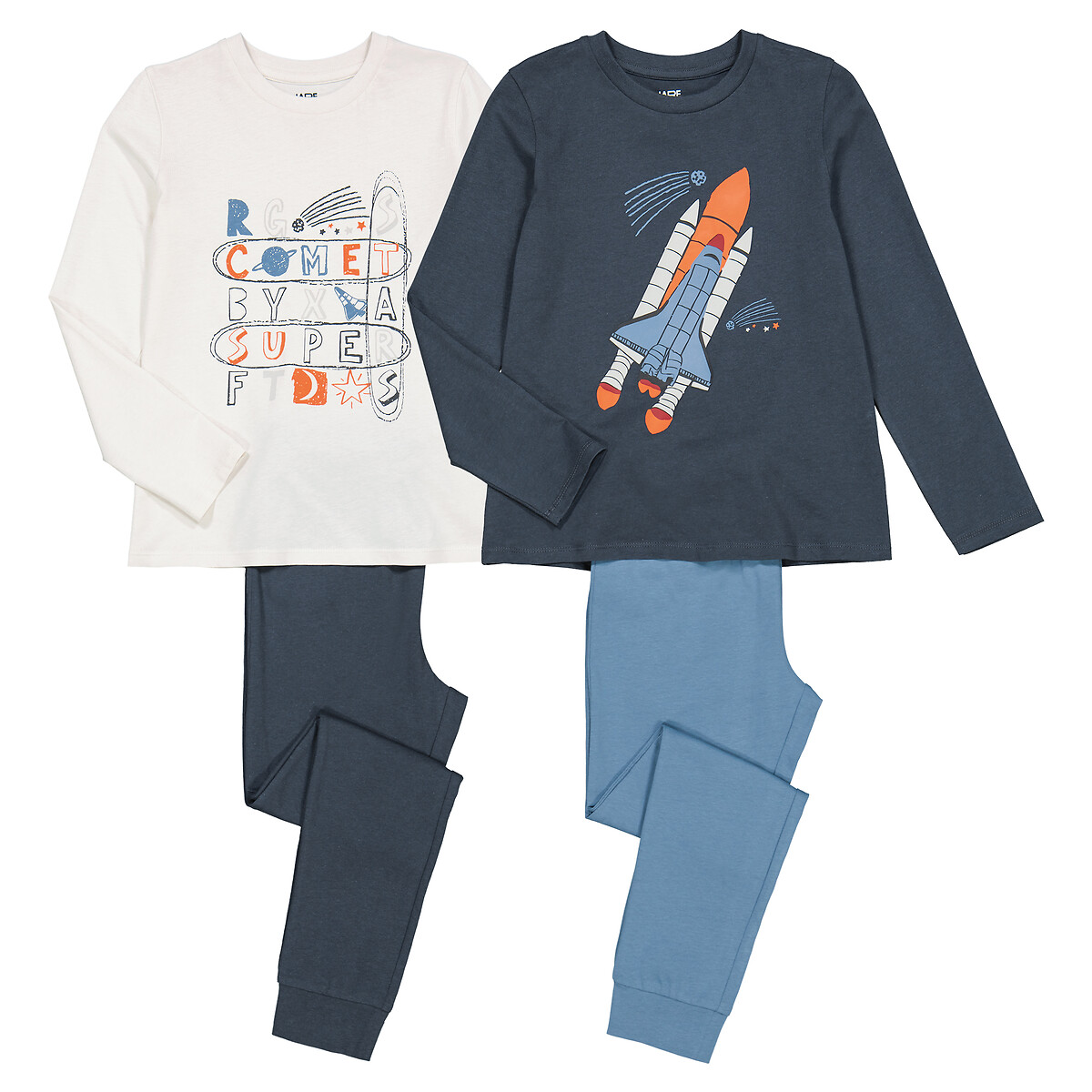 Pack of 2 Pyjamas in Cotton with Space Rocket/Text Print